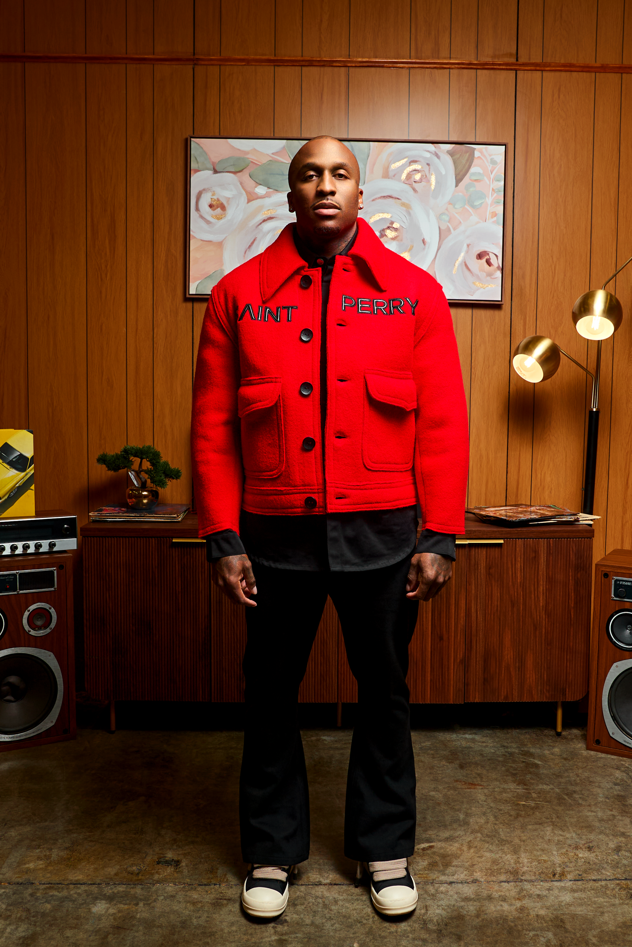 Red Love Boxy jacket in double-faced wool cashmere with leather Saint Perry logo and relaxed unisex fit
