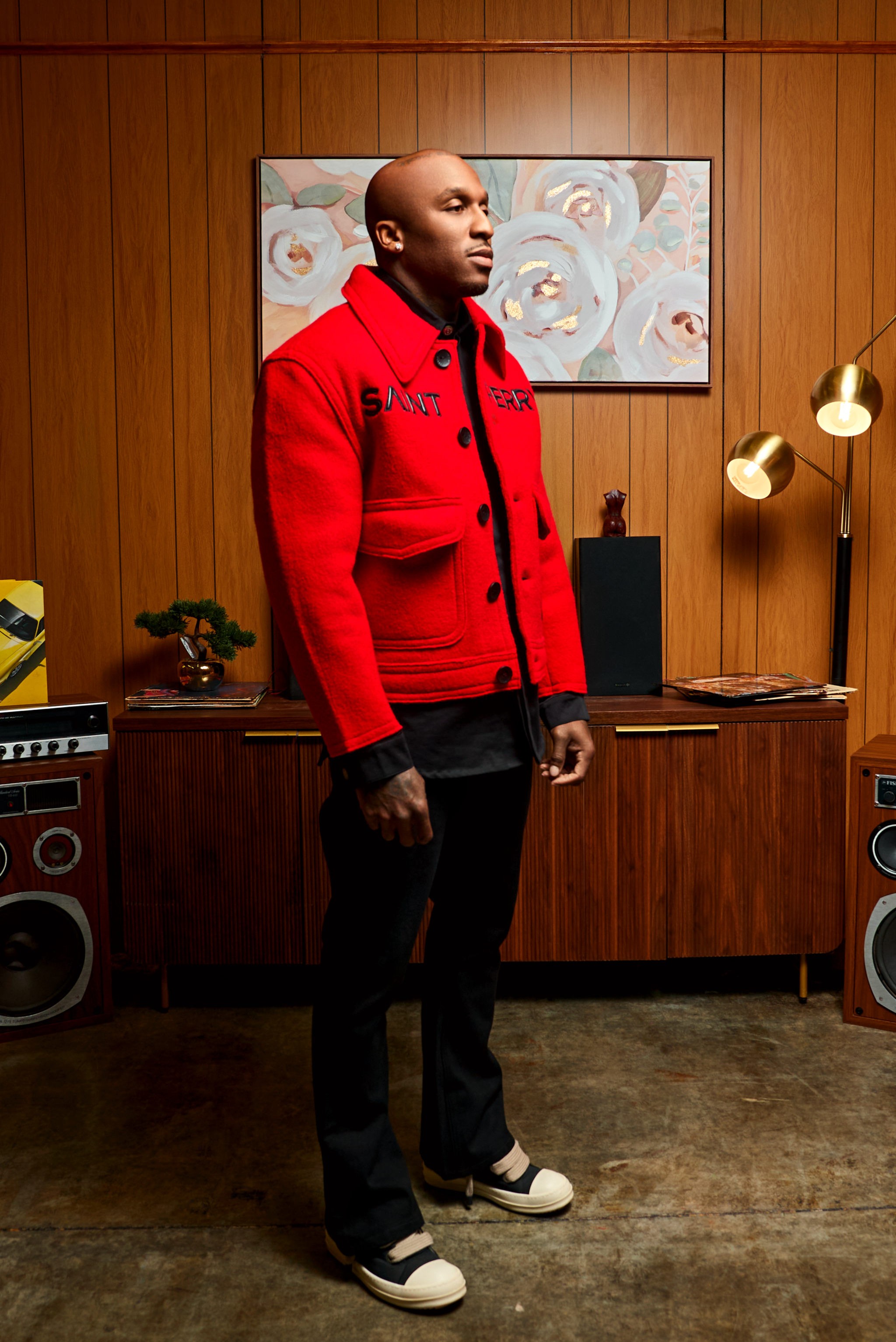 Red Love Boxy jacket in rich wool cashmere with boxy fit and leather Saint Perry logo