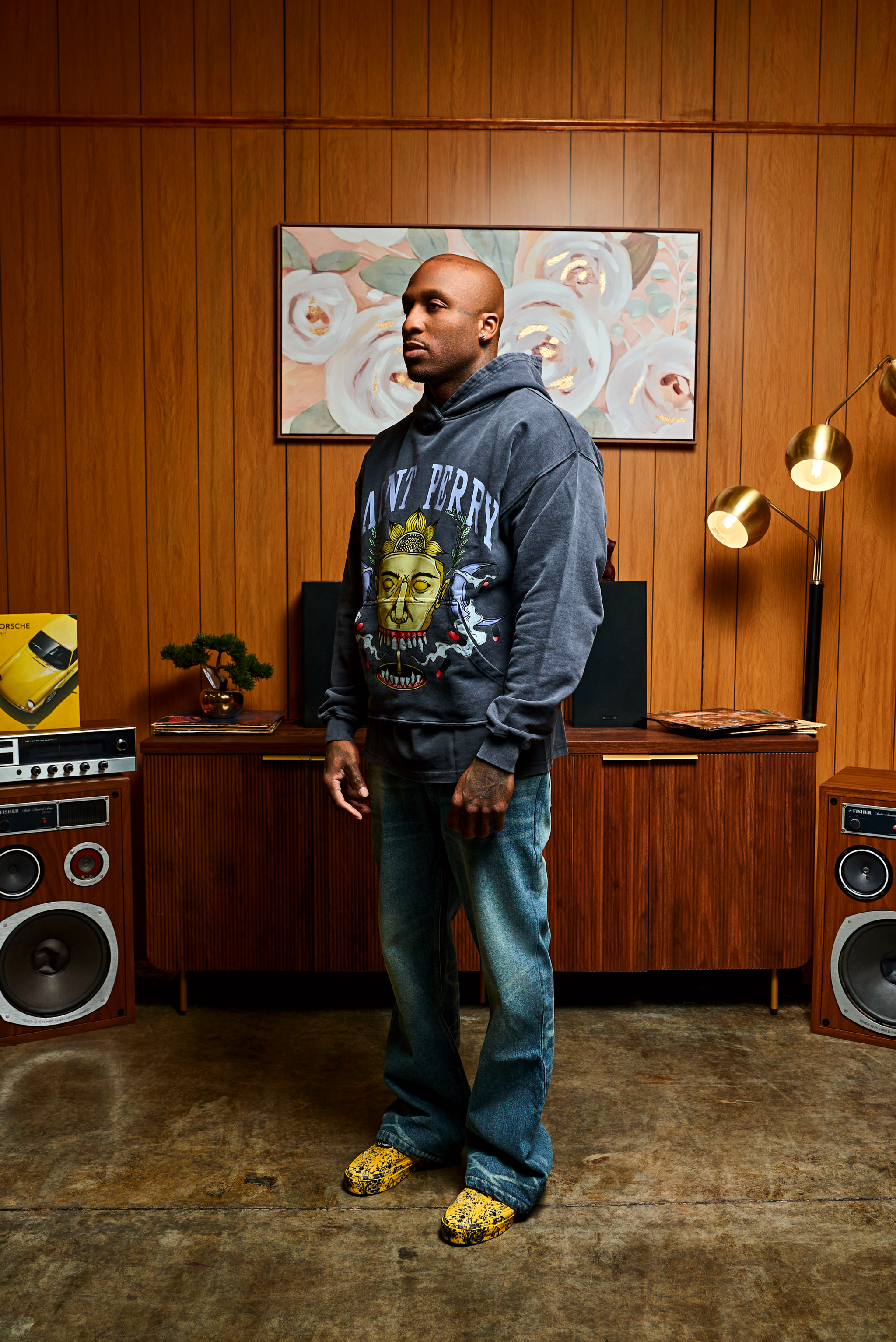 Charcoal Oracle True Blood Hoodie with golden mask, laurel moon artwork, and SAINT PERRY logo on garment-washed cotton