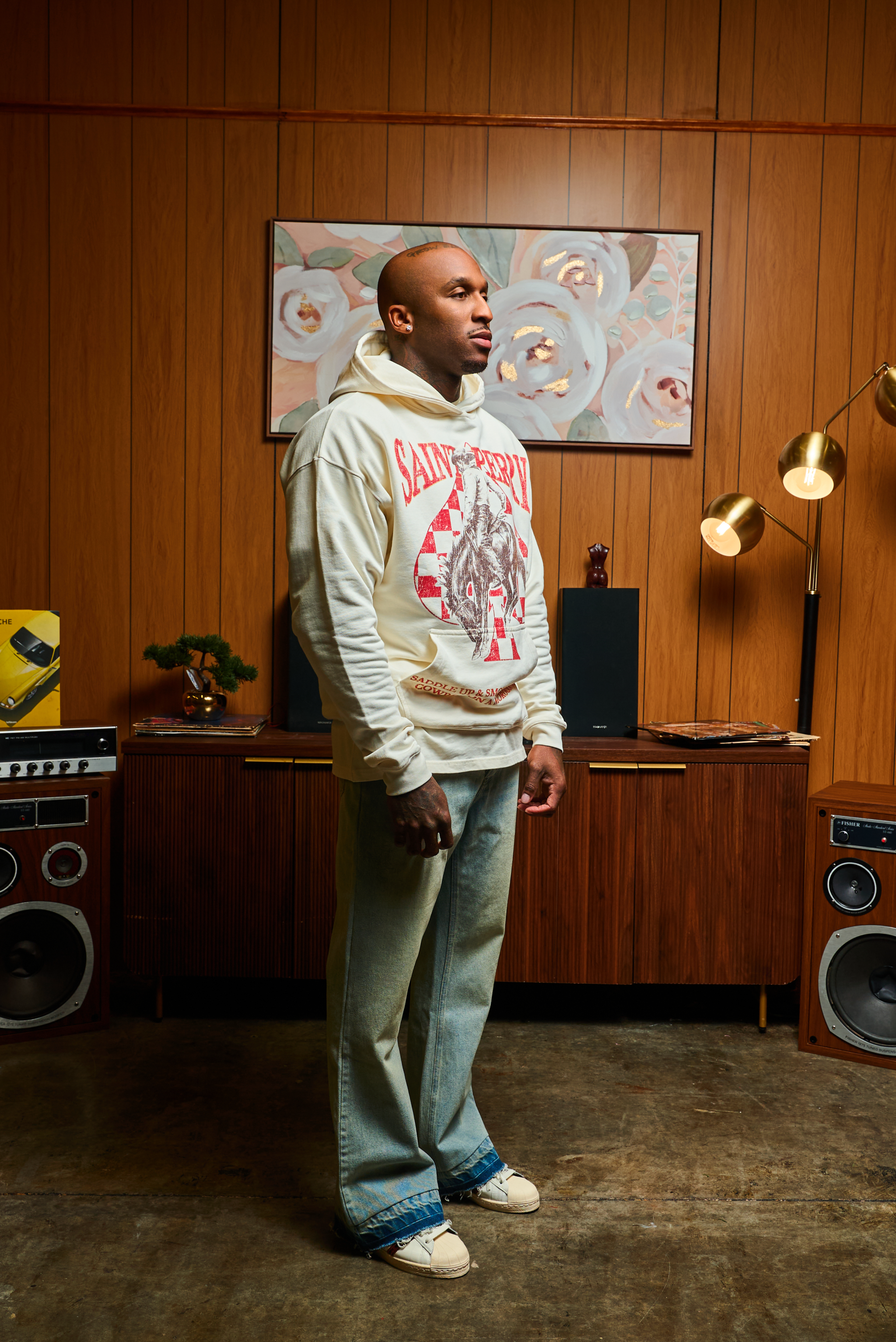 Shaboozey Flare Denim by Saint Perry in classic blue wash with subtle fading and relaxed fit