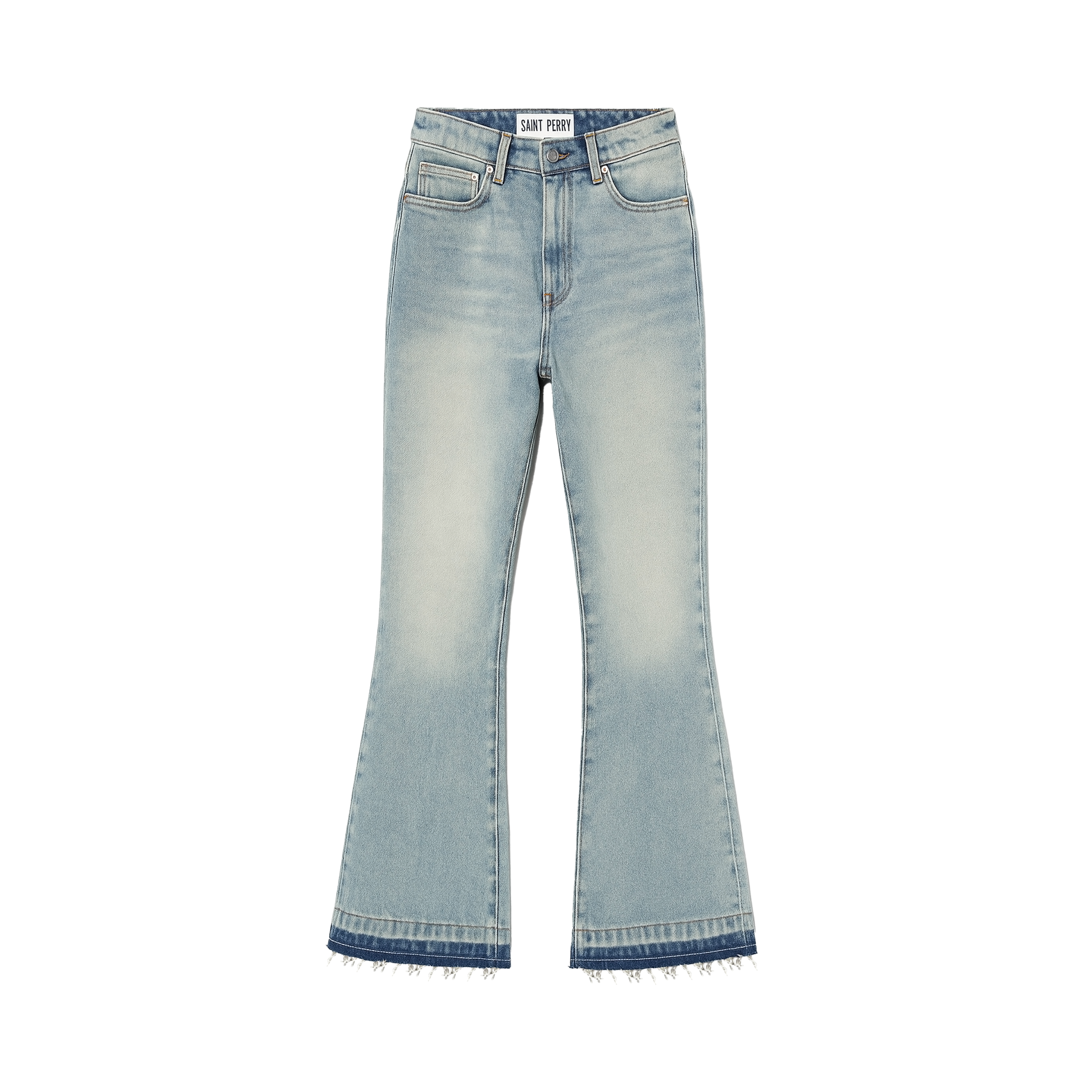 Shaboozey Flare Denim in classic blue wash with relaxed fit and Saint Perry branding