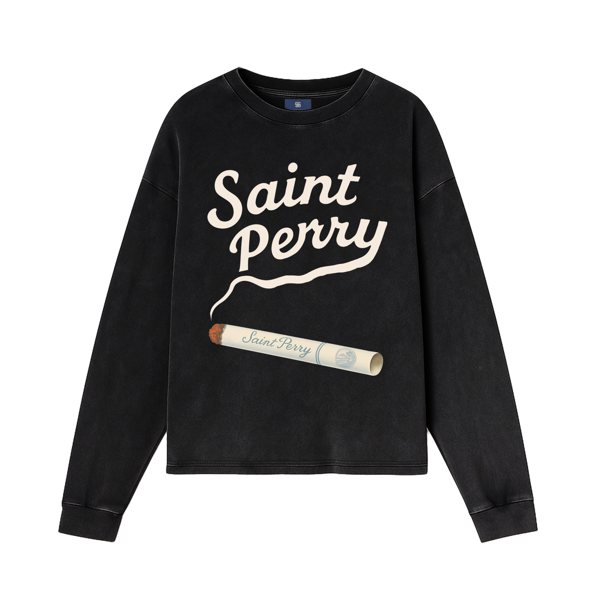 Black long-sleeve shirt with "The Weight" bold typography, 100% cotton, relaxed fit by Saint Perry