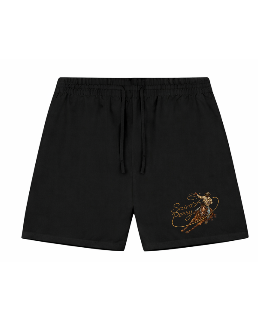 The Lariat Short black men’s Portuguese viscose resort short with Rodeo graphic