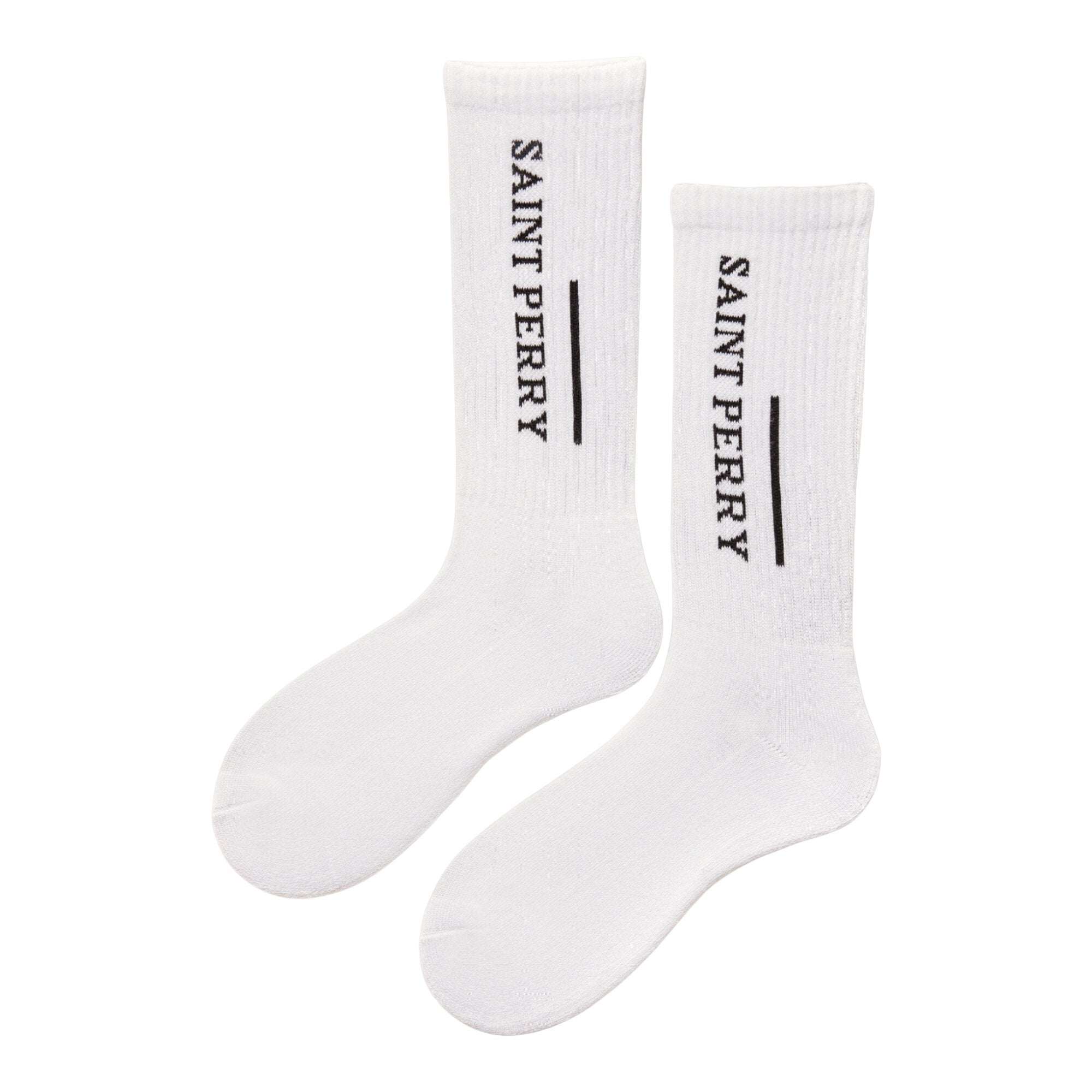 Saint Perry Athletic Crew Socks in white with black logo, calf-length breathable cotton blend for comfort and durability
