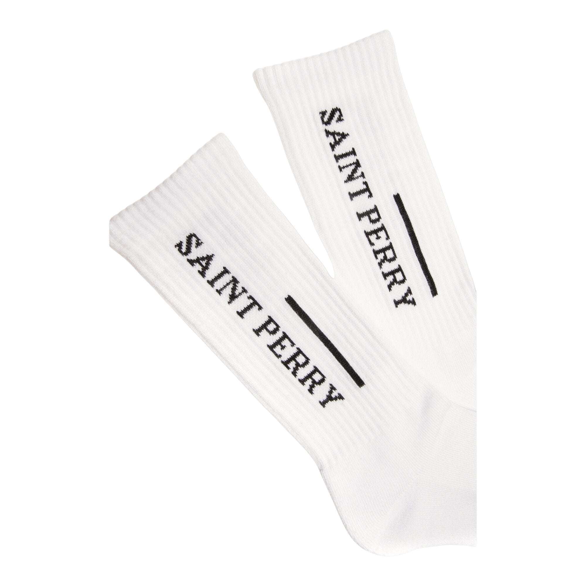 Saint Perry Athletic Crew Socks in white with black logo, calf-length breathable cotton blend, ribbed cuff, and reinforced heel and toe for durability and comfort