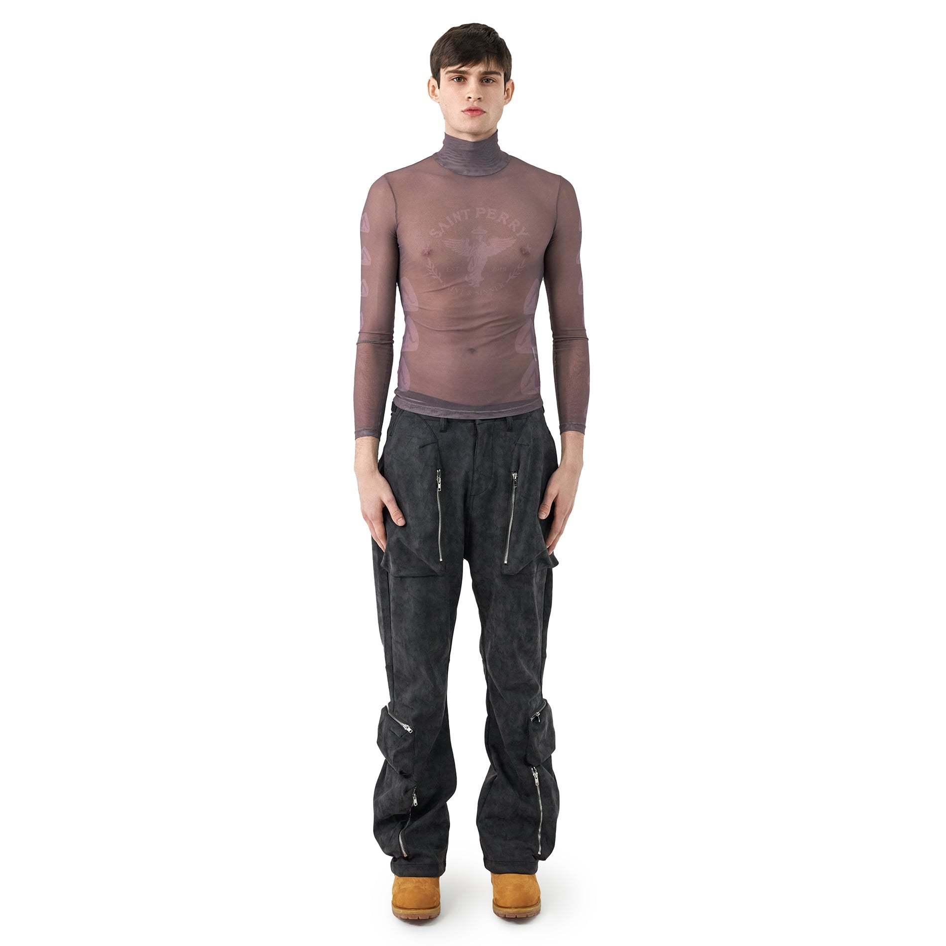 Dark gray suede-cotton baggy cargo pants with exaggerated flap pockets and adjustable waist straps