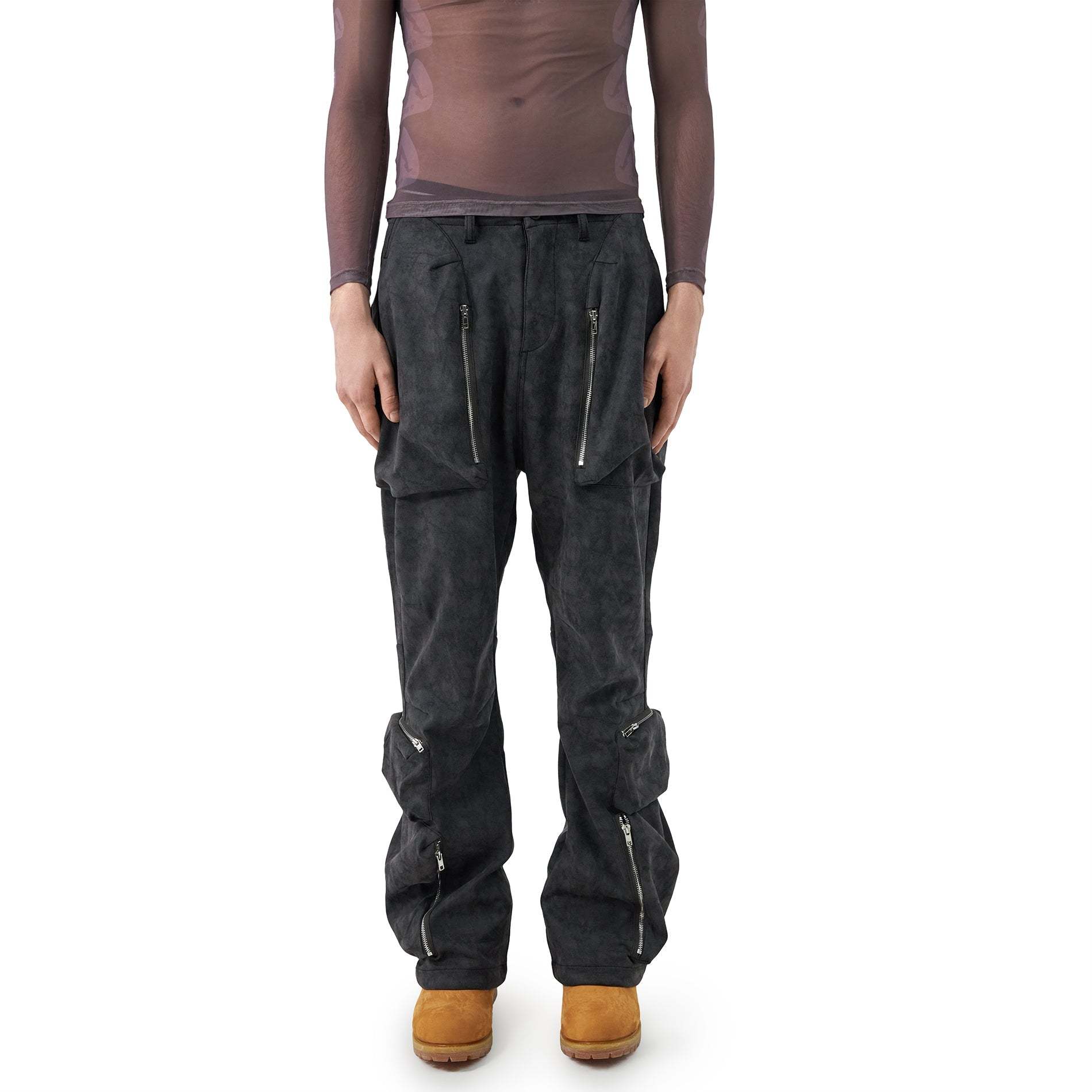 Dark gray suede-cotton baggy cargo pants with oversized flap pockets and adjustable waist straps