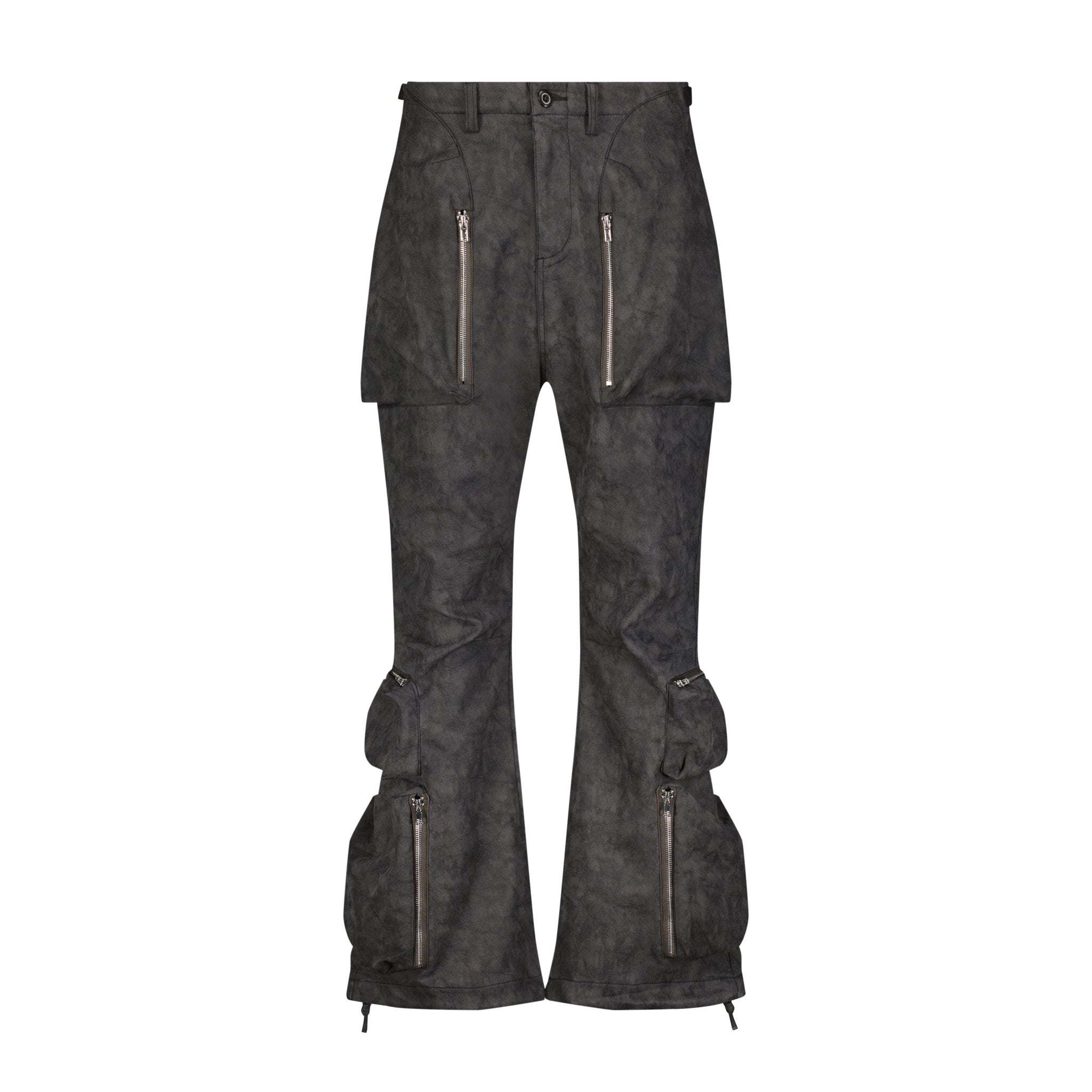 Dark gray baggy cargo pants with exaggerated flap pockets and adjustable waist straps in suede cotton-blend fabric