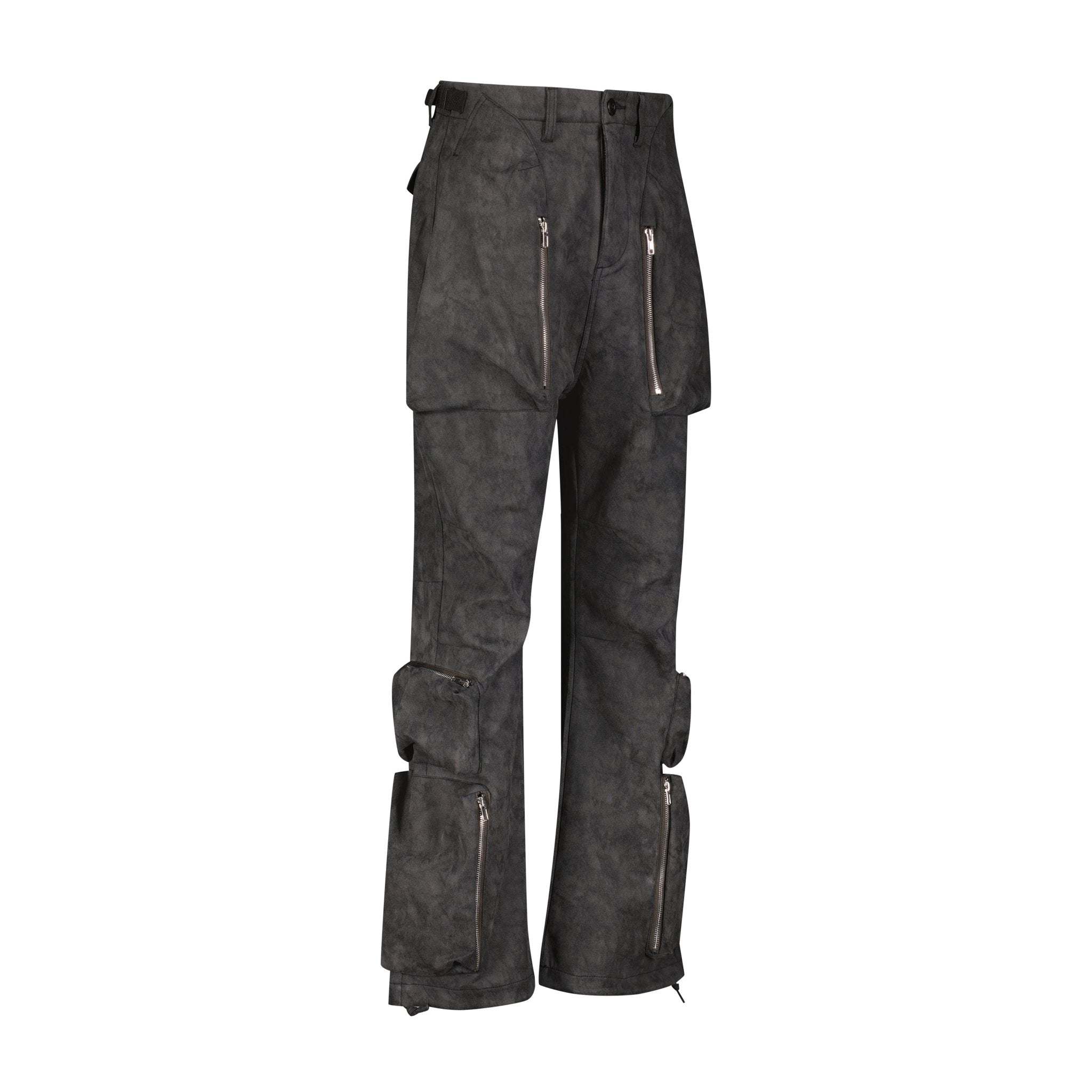 Dark gray baggy cargo pants with exaggerated flap pockets and adjustable waist straps