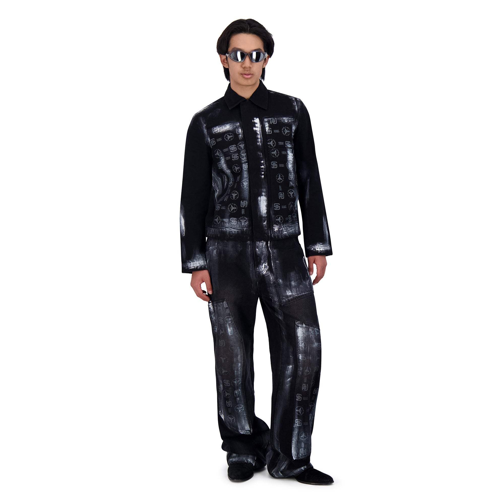 BAGGY FIT COATING DENIM PANTS BLK/SIL - SAINT PERRY