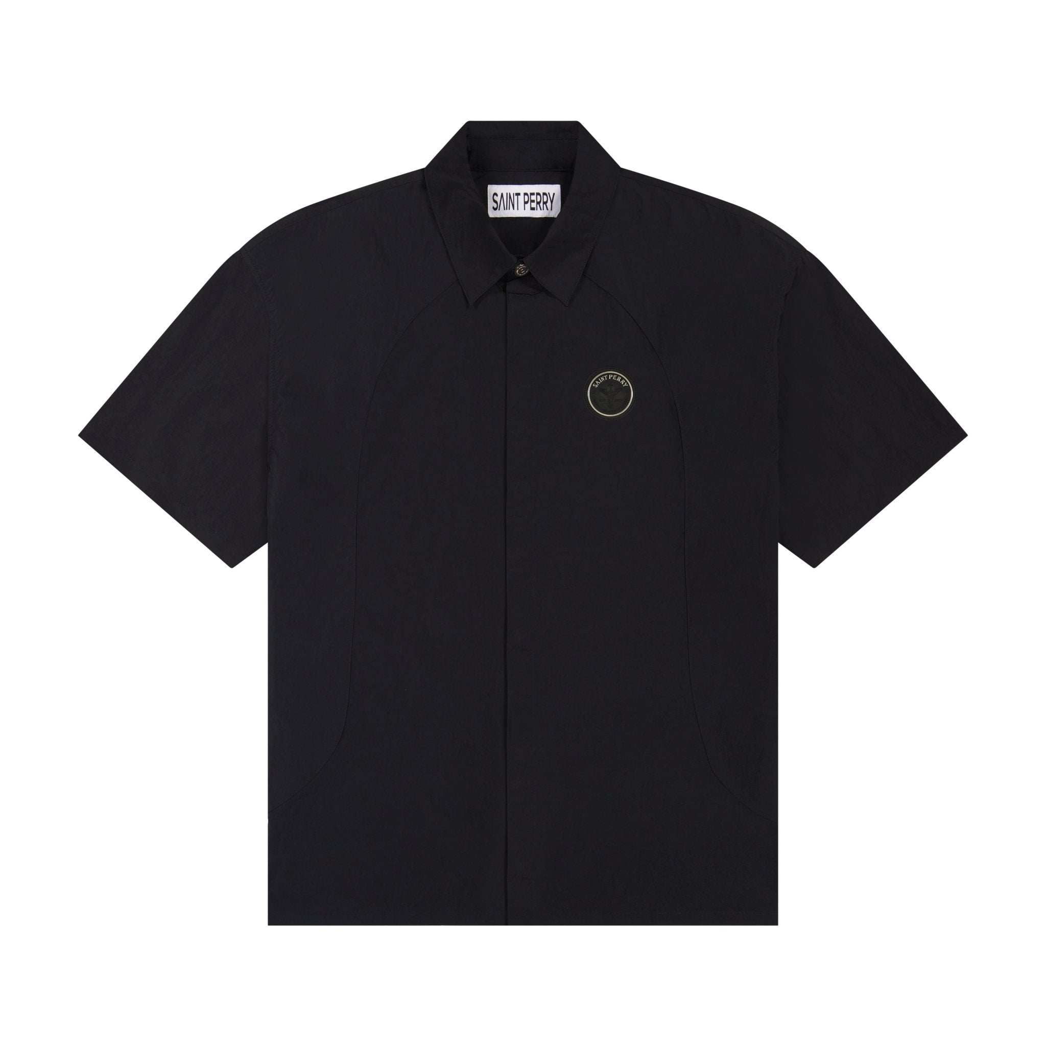 Boone Shirt in off-white made from recycled nylon with 3D pleating and glued collar by Saint Perry