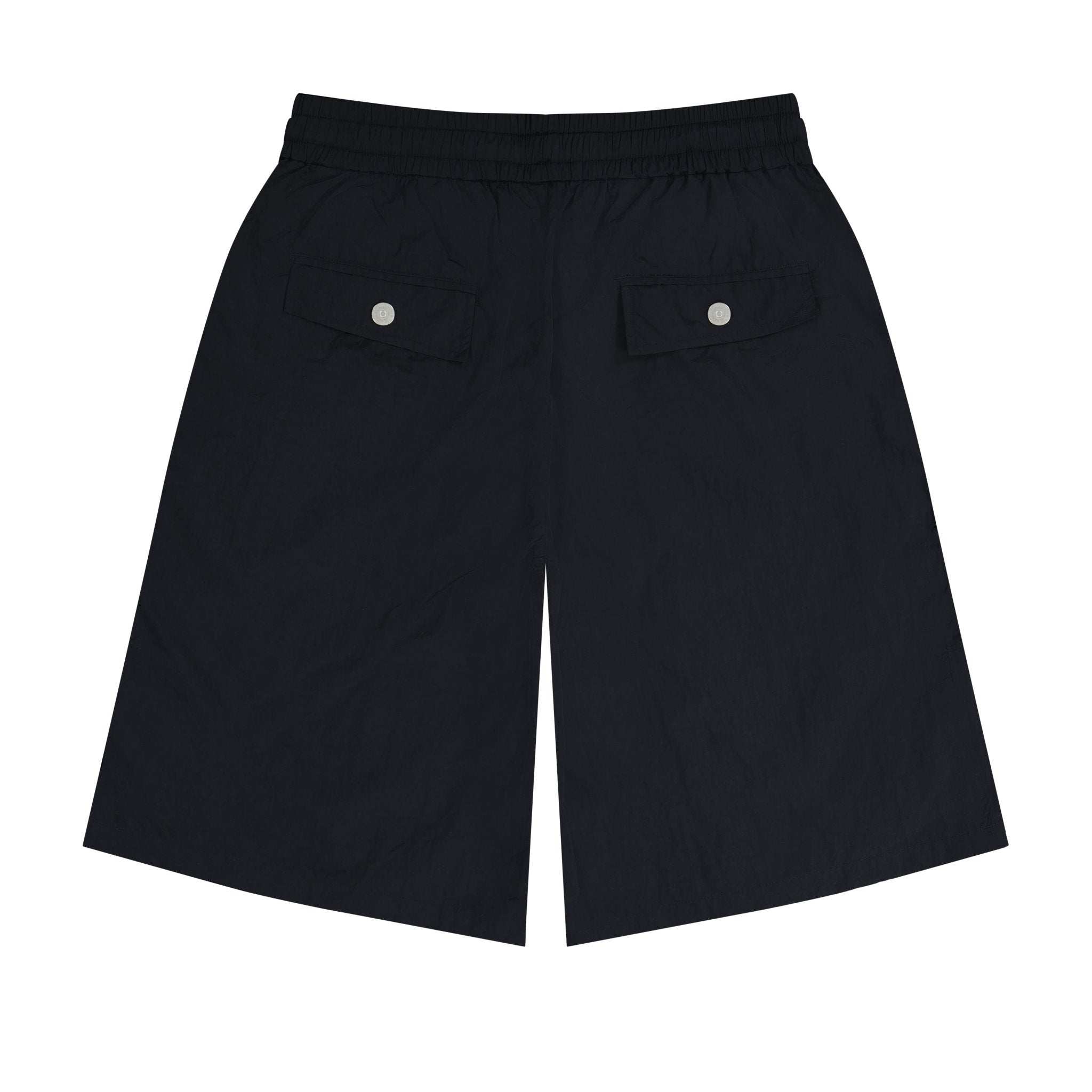 Boone Shorts black and off-white nylon shorts with elastic waistband and adjustable cords