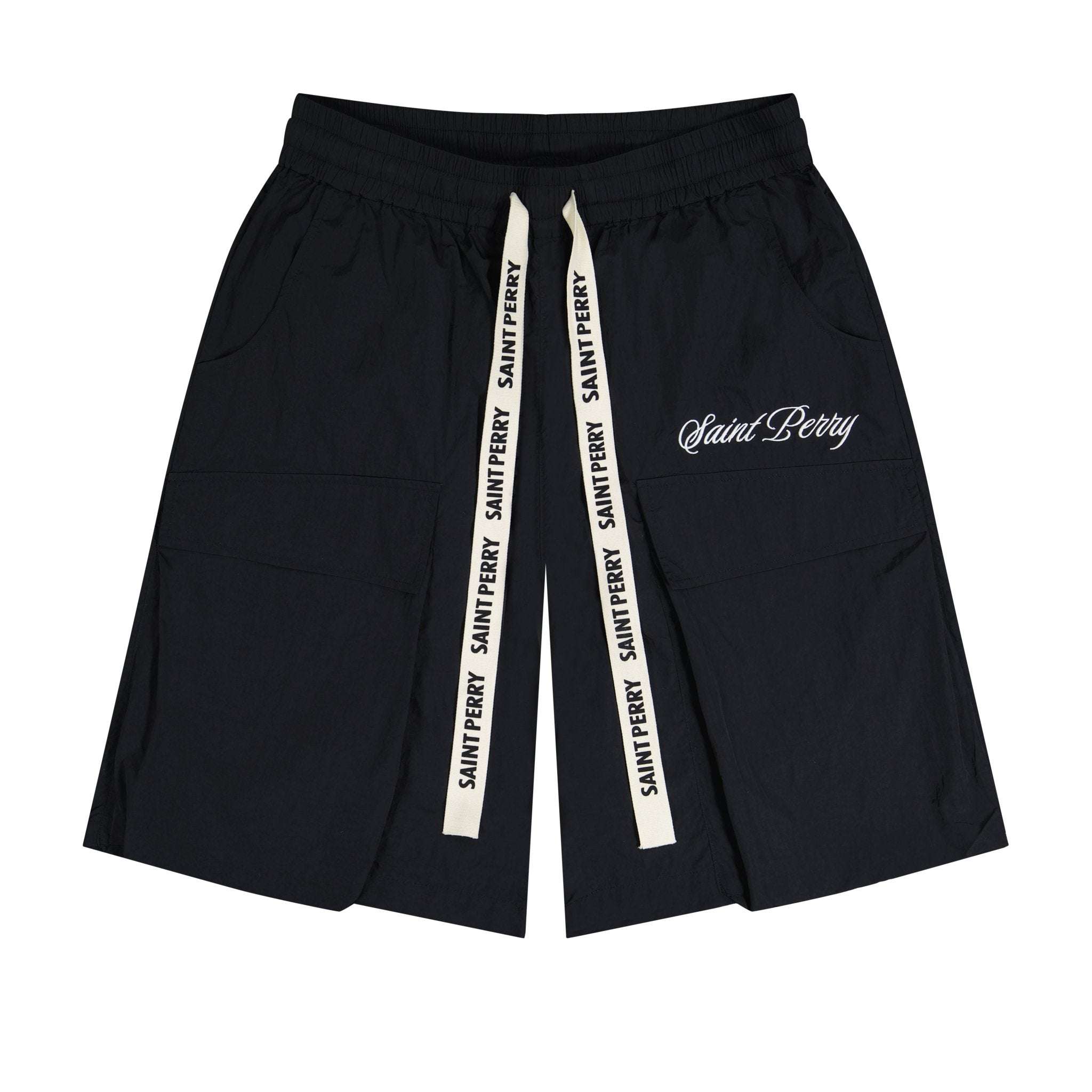 Boone Shorts black and off-white nylon mid-length shorts with elastic waistband and embroidered logo