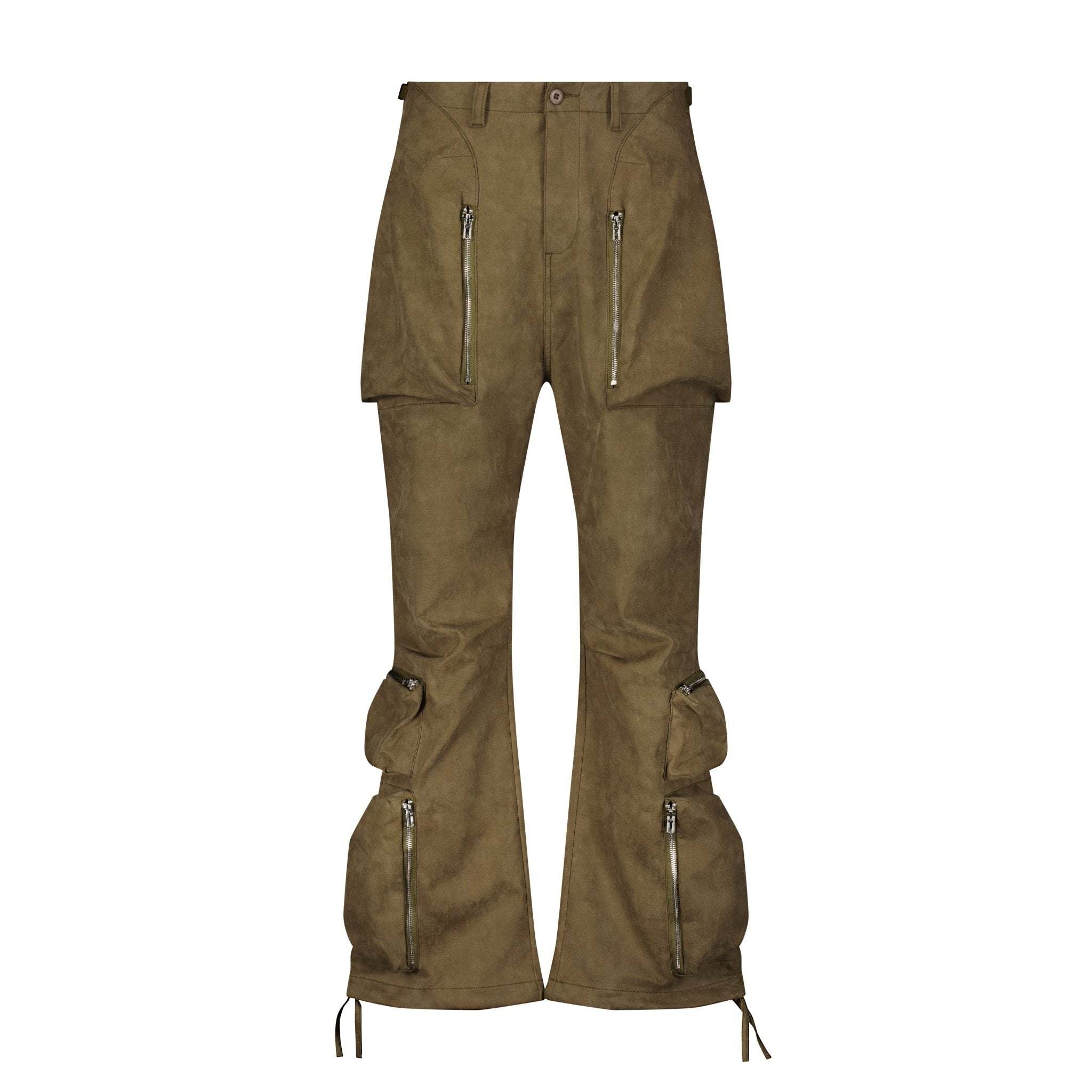 Khaki olive green baggy cargo pants with exaggerated flap pockets and wide legs