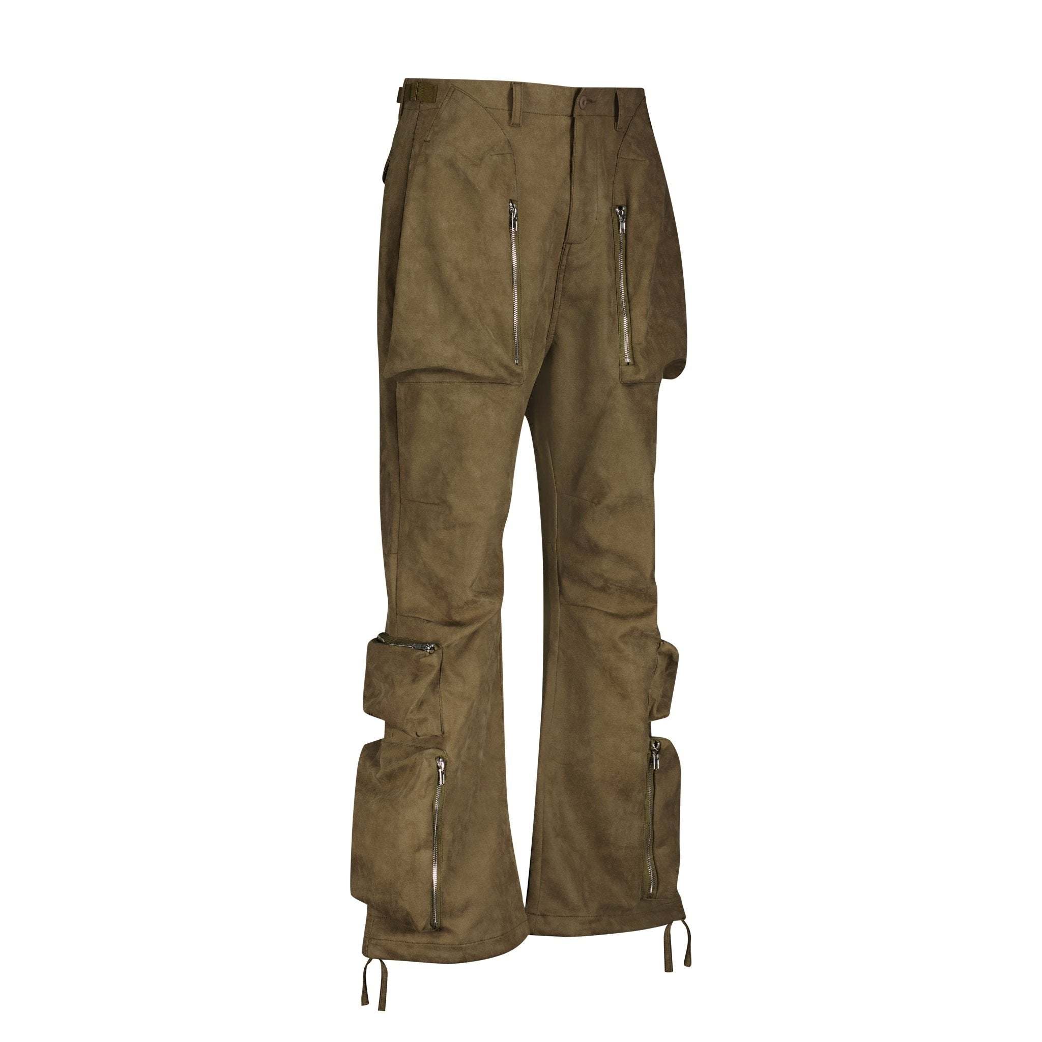 Khaki olive green baggy cargo pants with exaggerated flap pockets and wide leg design