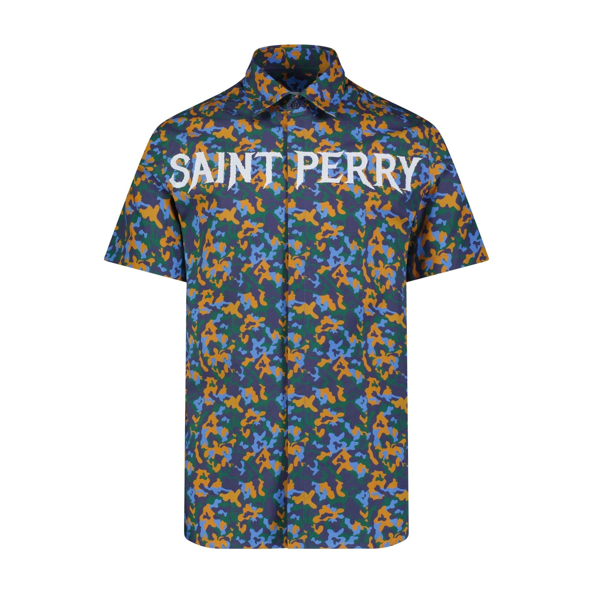 Blue and brown colorful camo silk shirt with classic collar and button fastening by Saint Perry