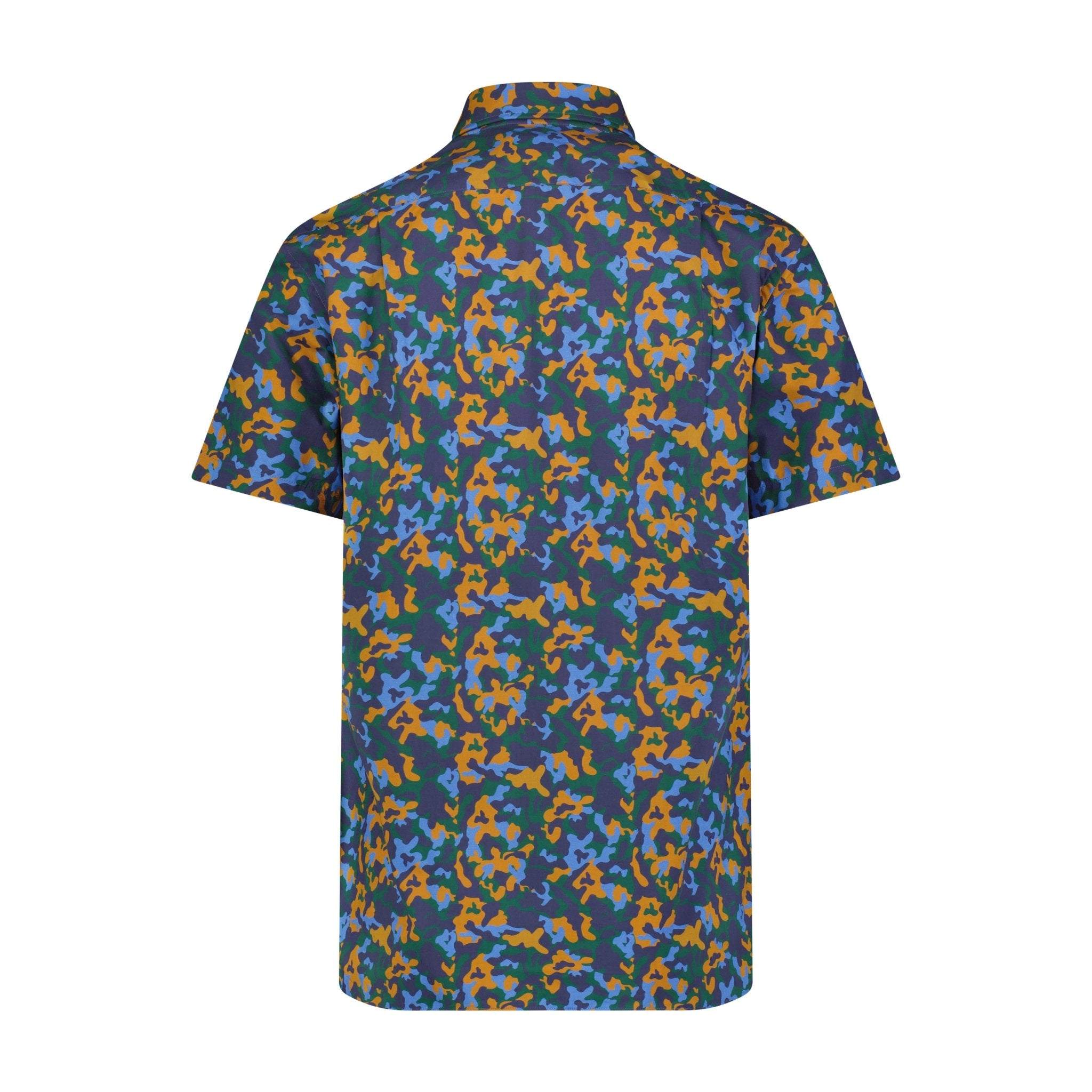 Silk colorful camo shirt with blue and brown print, classic collar, and button fastening by Saint Perry