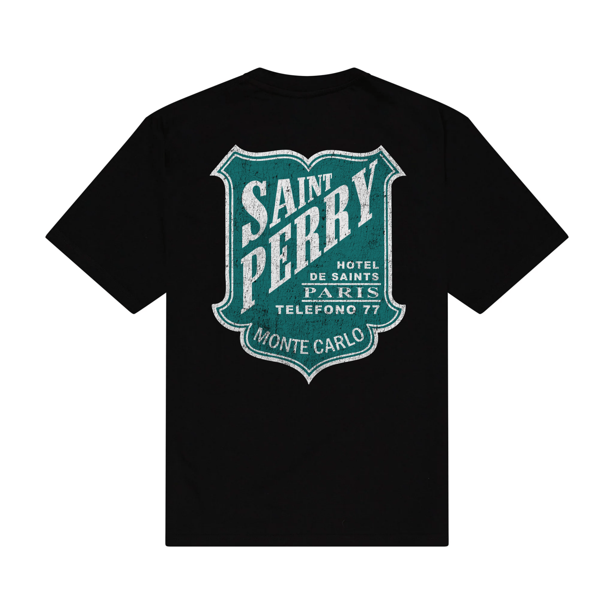 Black Hotel De Saints tee with front and back prints, ribbed crewneck, made of 100% double jersey cotton