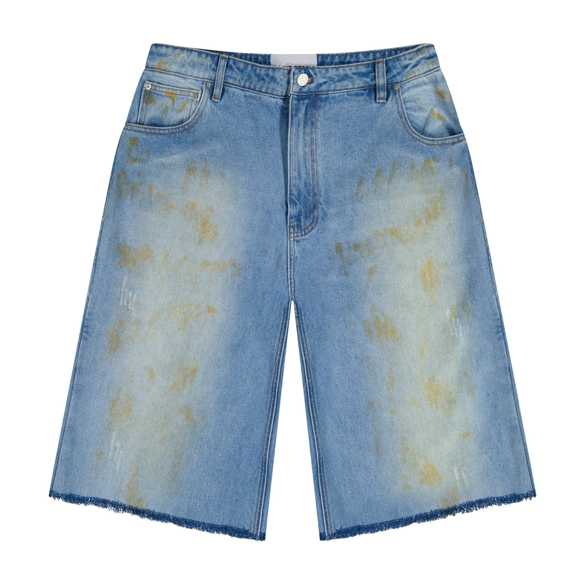 Blue wash laid back short denim with relaxed fit and embroidered Saint Perry logo pocket