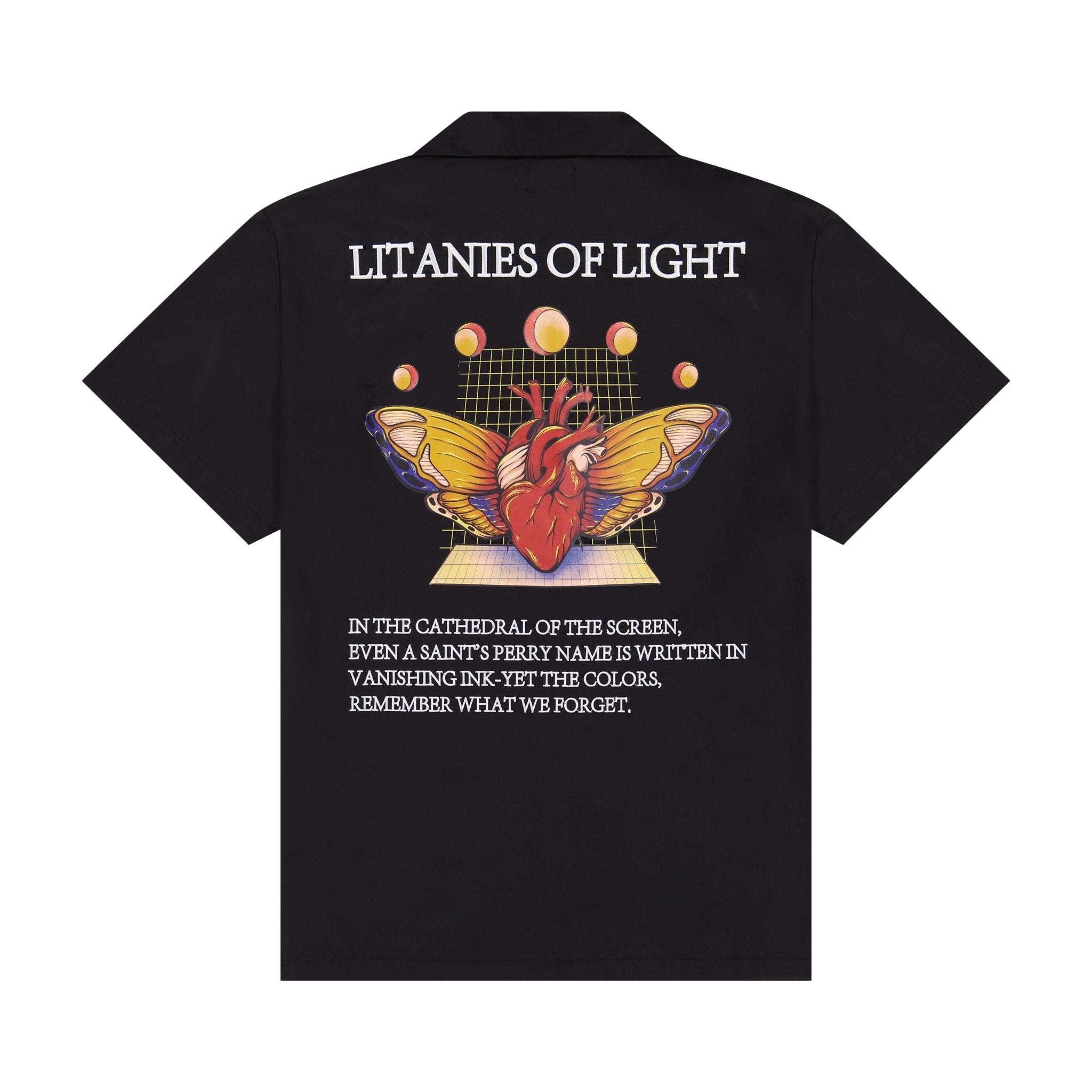 Litanies of Light black cotton shirt with embroidered patch and large back print