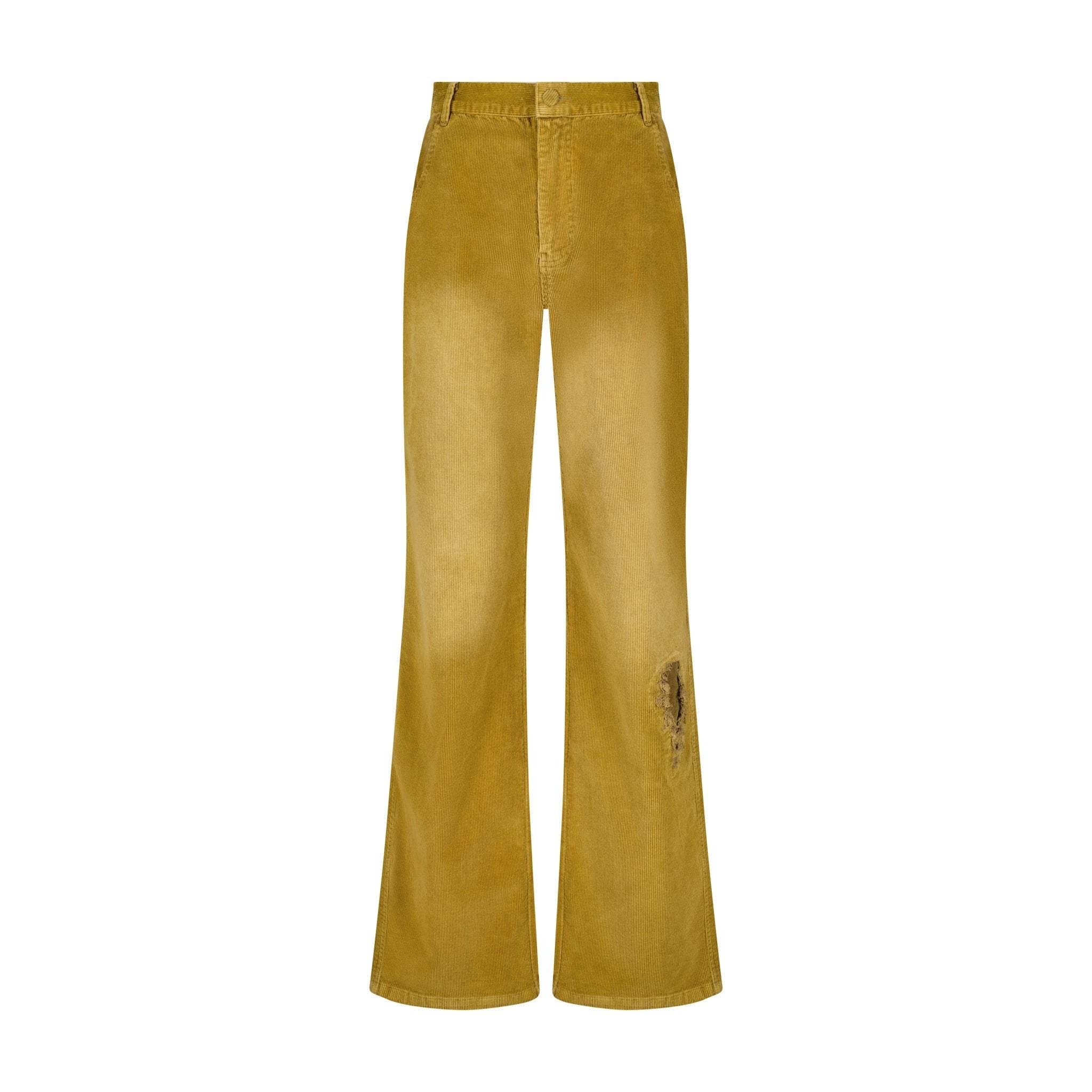 Butterscotch brown corduroy pants with mid-rise and wide straight leg, embroidered logo on back pocket