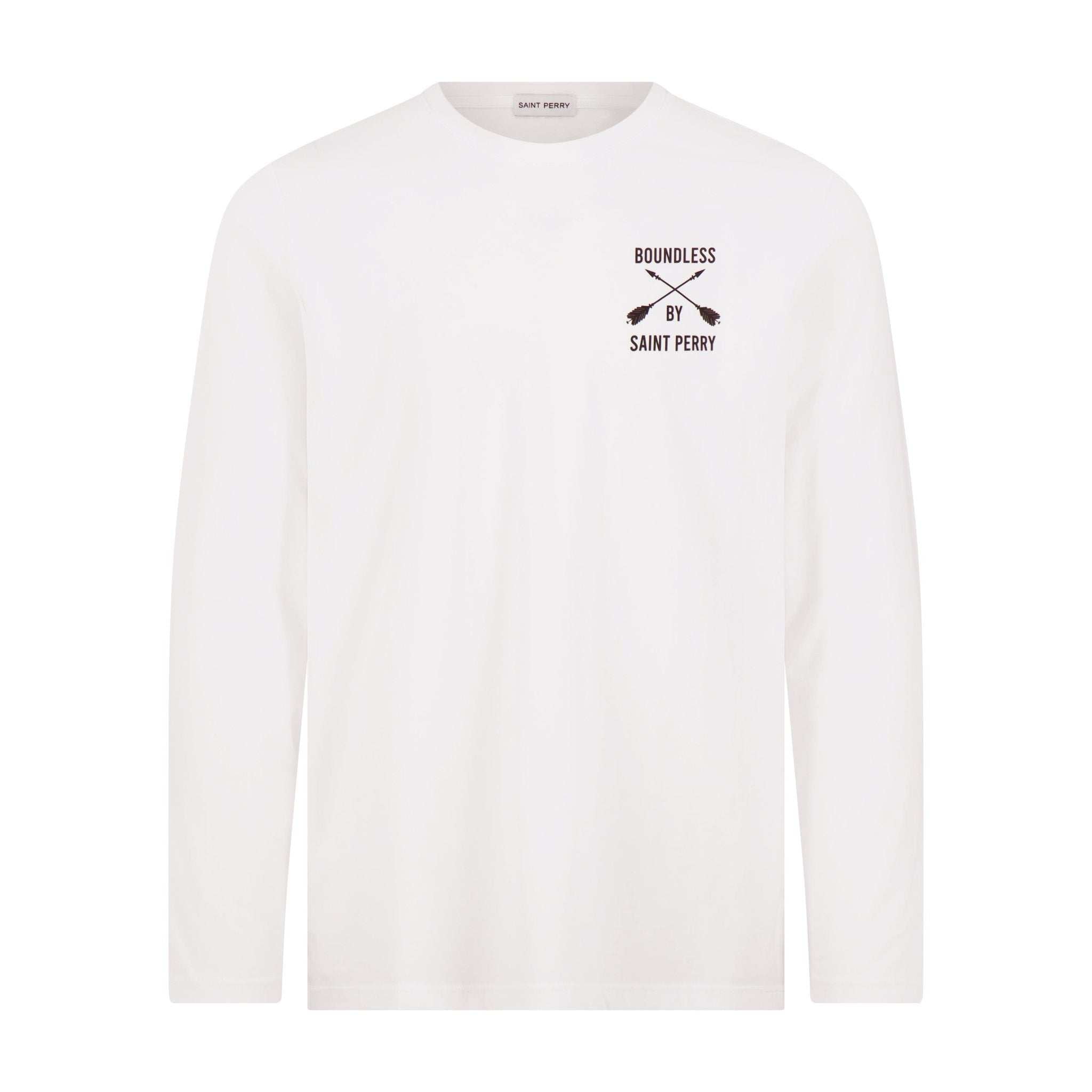 White long sleeve crewneck t-shirt made from soft cotton-modal blend with relaxed fit and minimalist design
