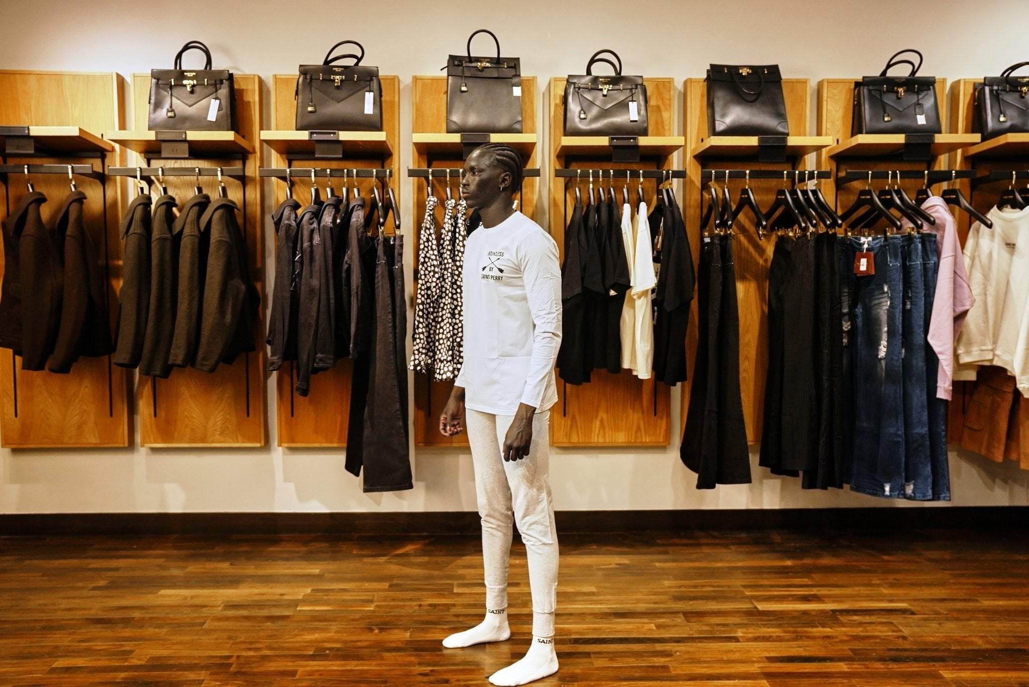 White long sleeve crewneck T-shirt with relaxed fit and premium cotton-modal blend