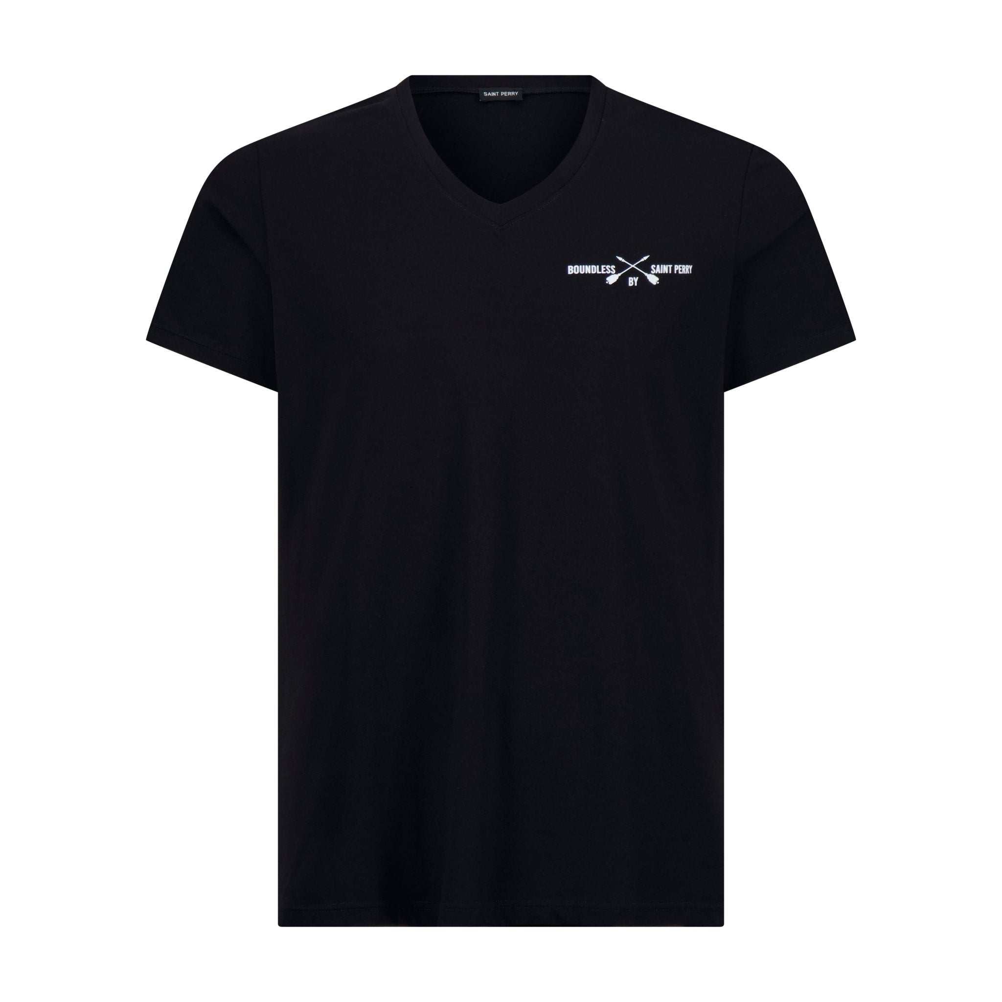 Men's V-Neck Black T-Shirt by Saint Perry, premium cotton blend, relaxed fit, breathable and soft, tailored silhouette.