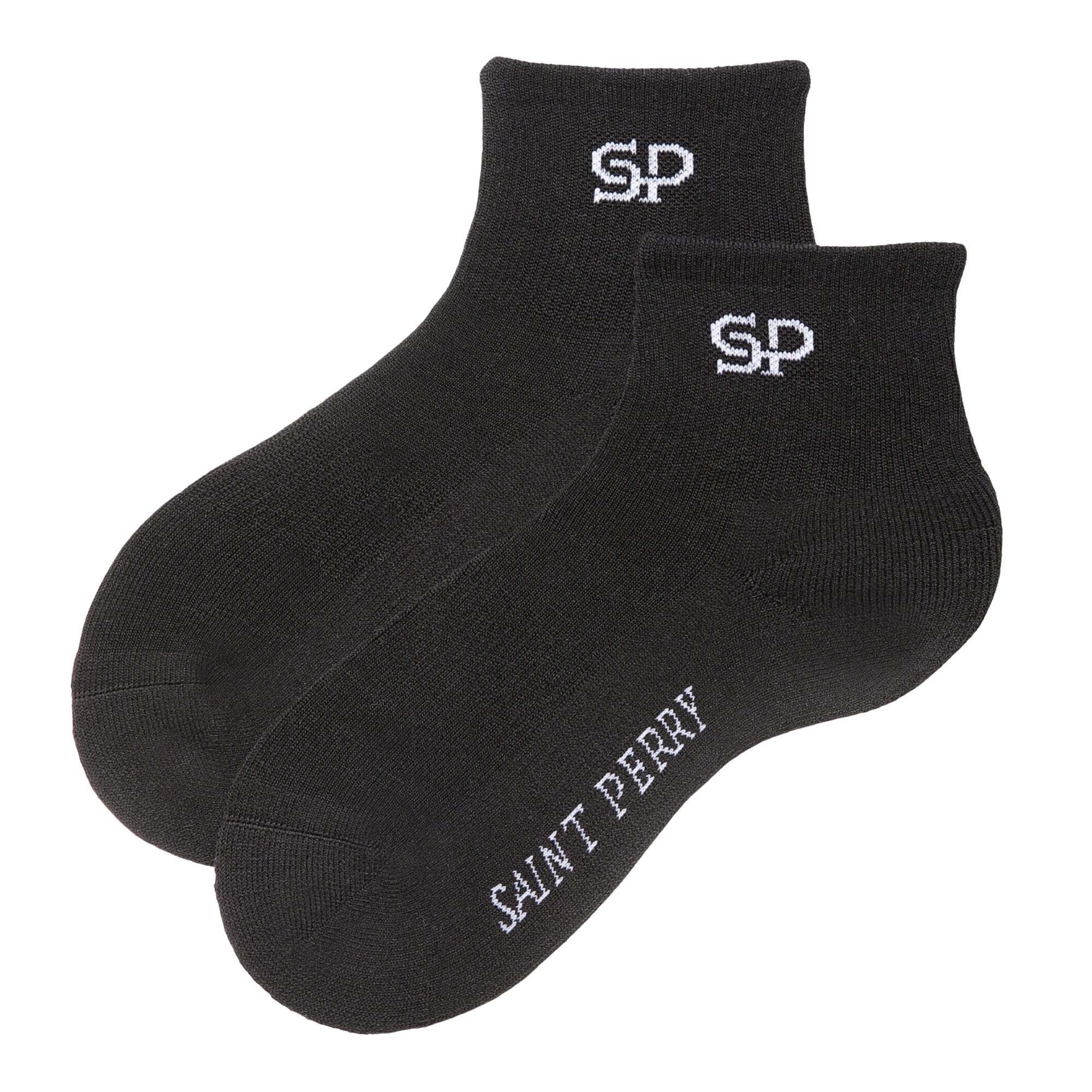 Saint Perry mid-rise ankle socks in black, white, and gray wool-cotton blend with ribbed knit design