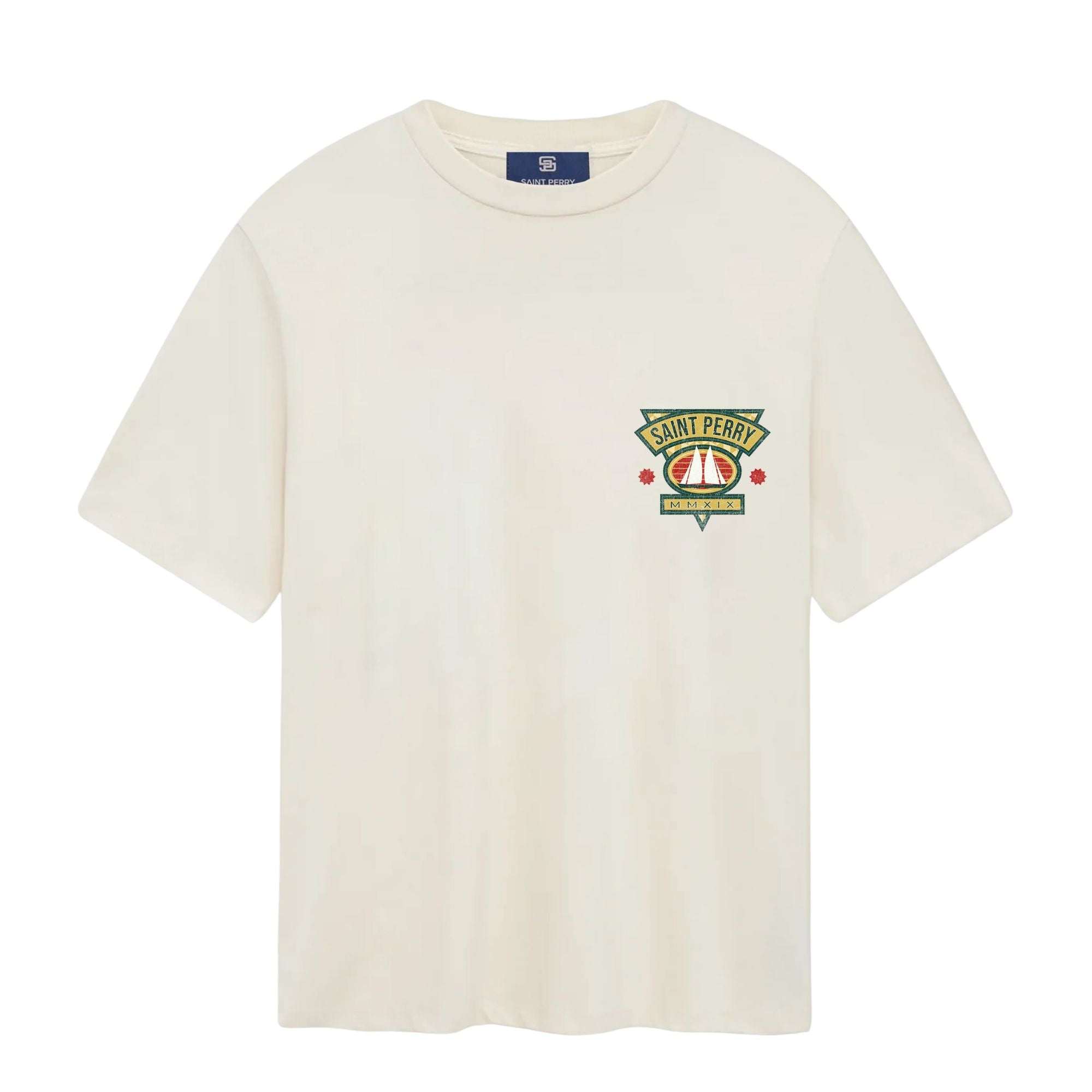 Off white MMXIX TEE with bold front and back artwork, oversized fit, and ribbed crewneck by Saint Perry