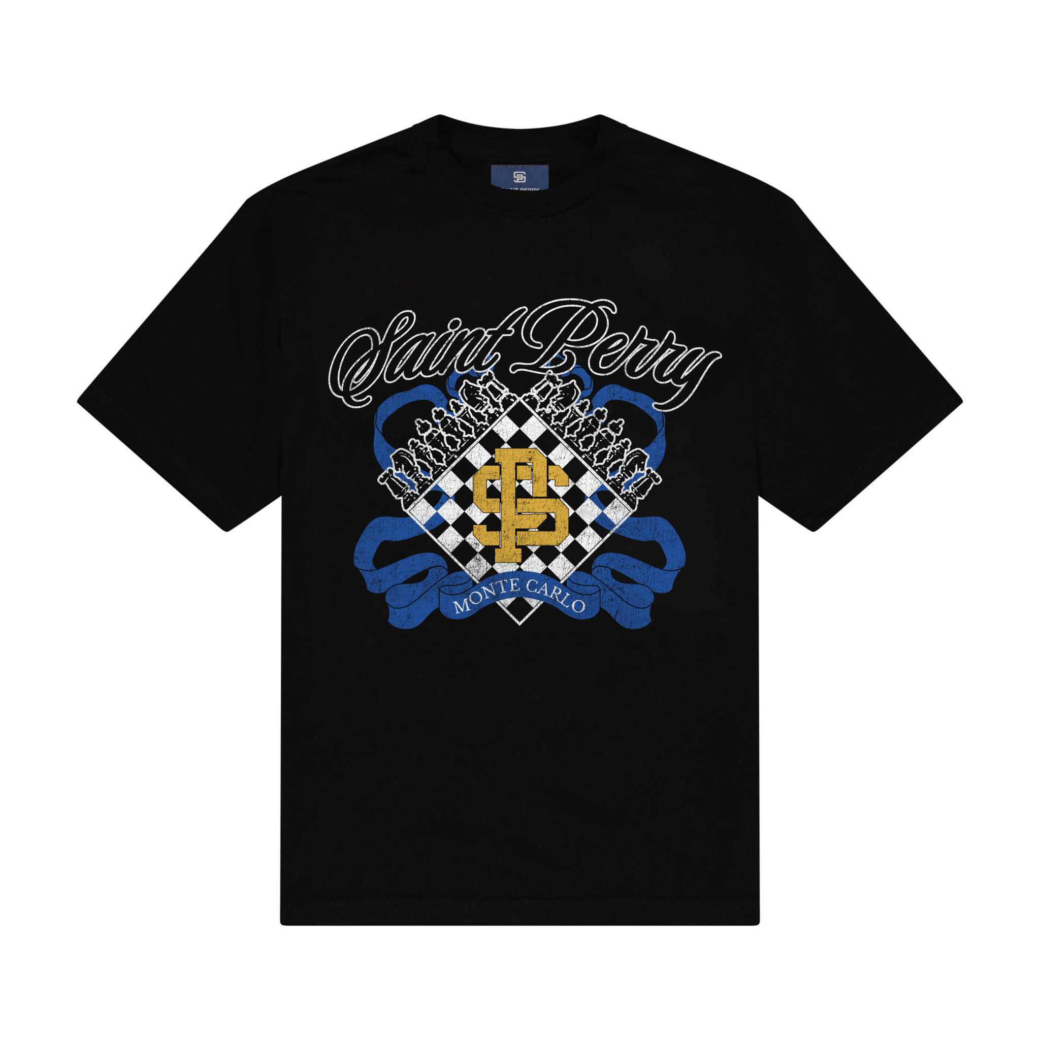 Black Monte Carlo Chess Crest Tee with exclusive emblem and ribbed crewneck collar