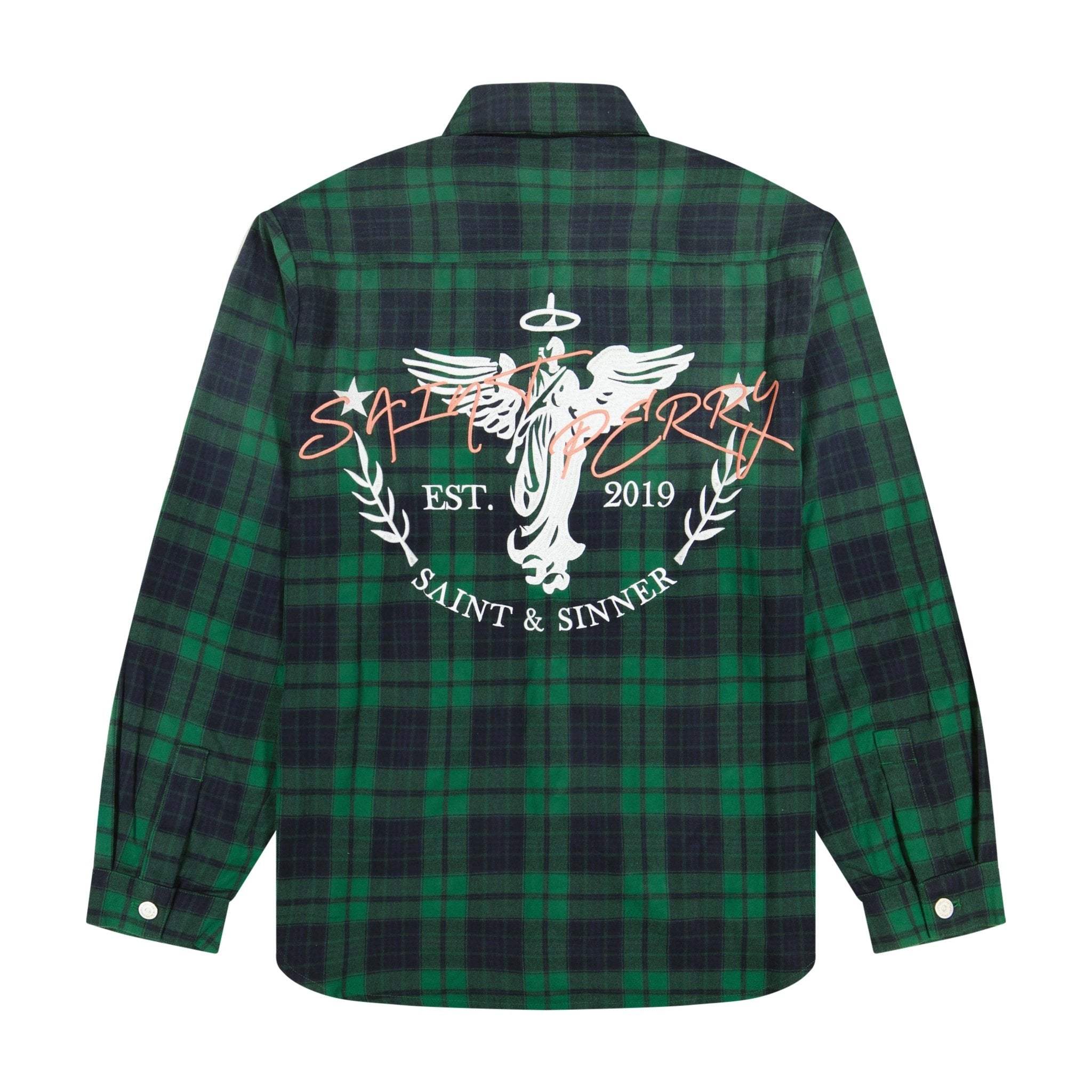 Odell Flannel Shirt mid-green textured cotton with embroidered logo and curved hem