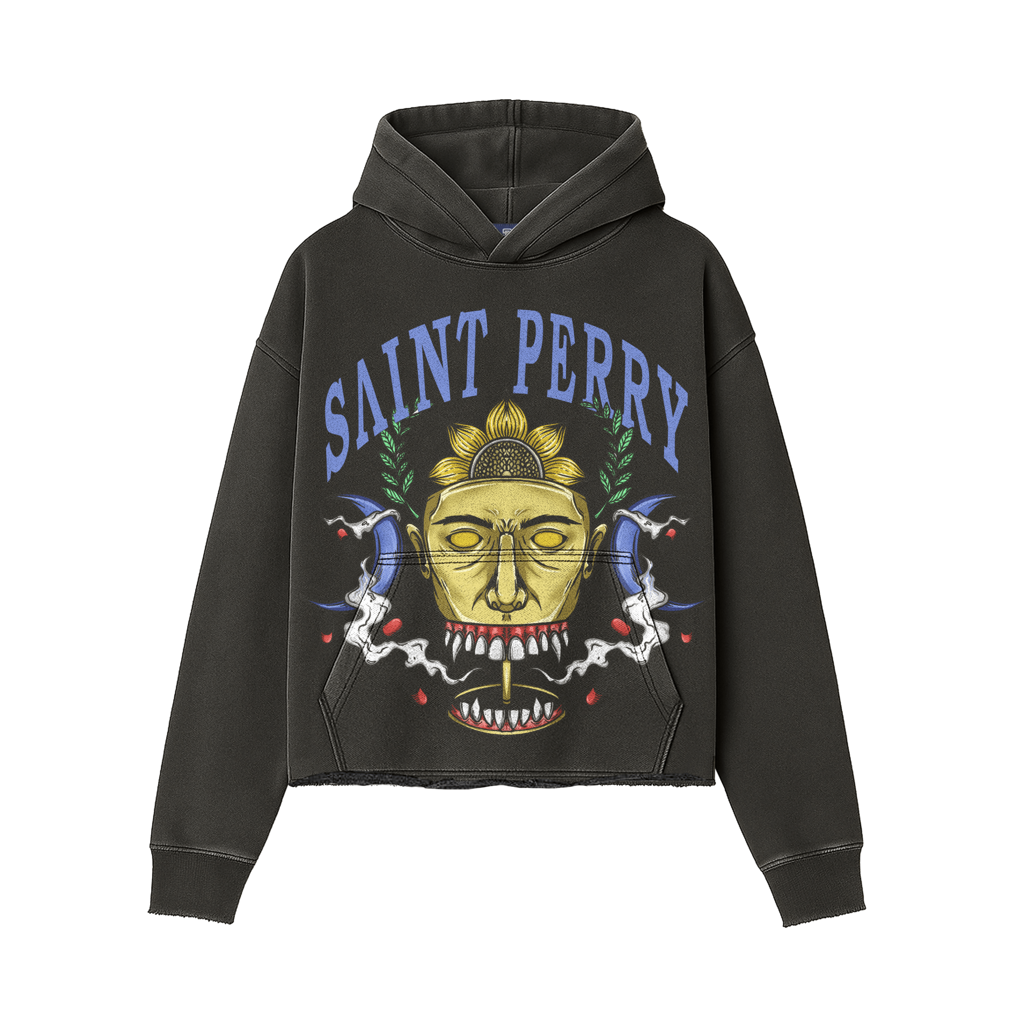 Charcoal Oracle True Blood Hoodie with golden mask, laurel moon artwork, and SAINT PERRY logo on soft garment-washed cotton