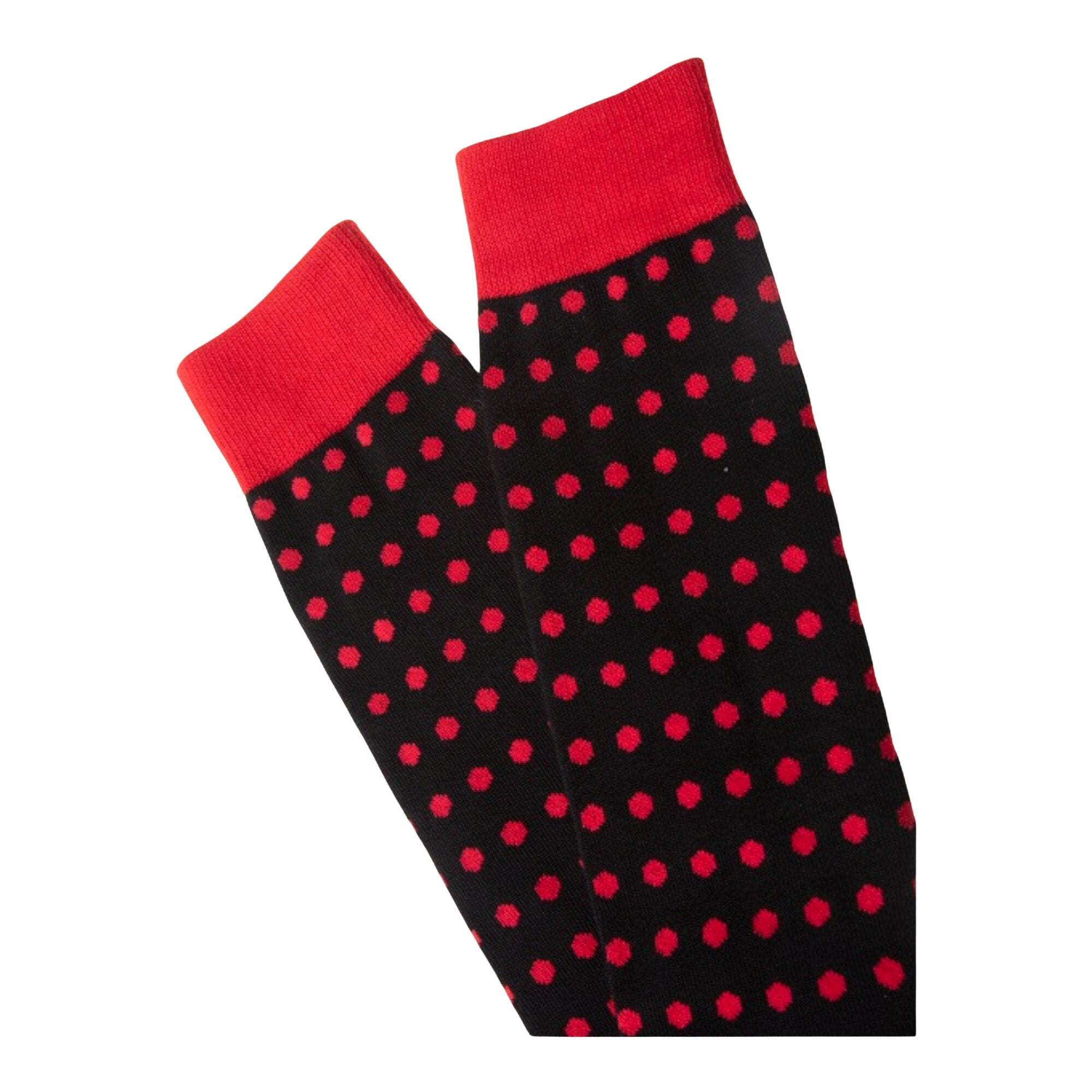 Black crew-length polka dots socks with red dots, breathable cotton blend, stretch fit by Saint Perry
