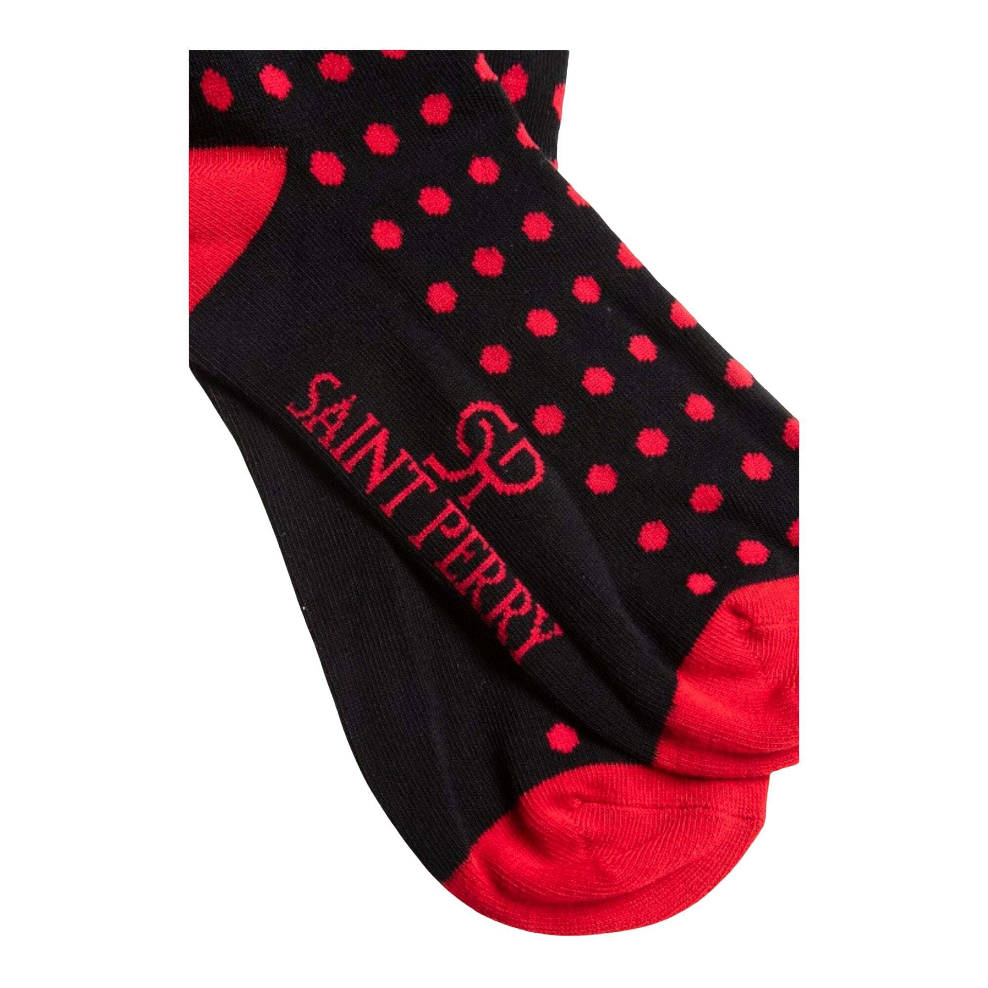 Saint Perry black polka dots socks with red dots, premium cotton blend crew length design