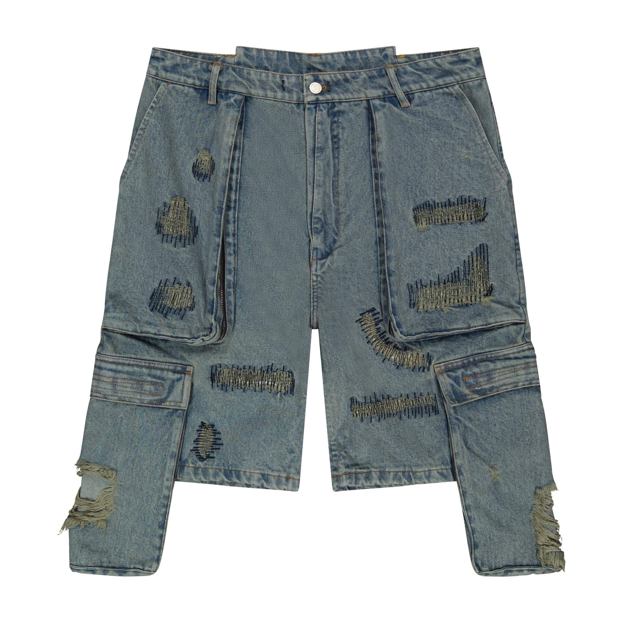 Jazzy ripped blue denim shorts with frayed edges and relaxed mid-rise fit by Saint Perry