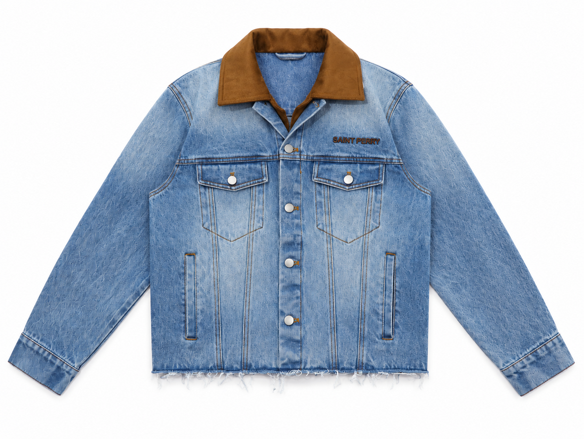 SAINT PERRY FW26 washed blue denim trucker jacket with brown contrast collar — front