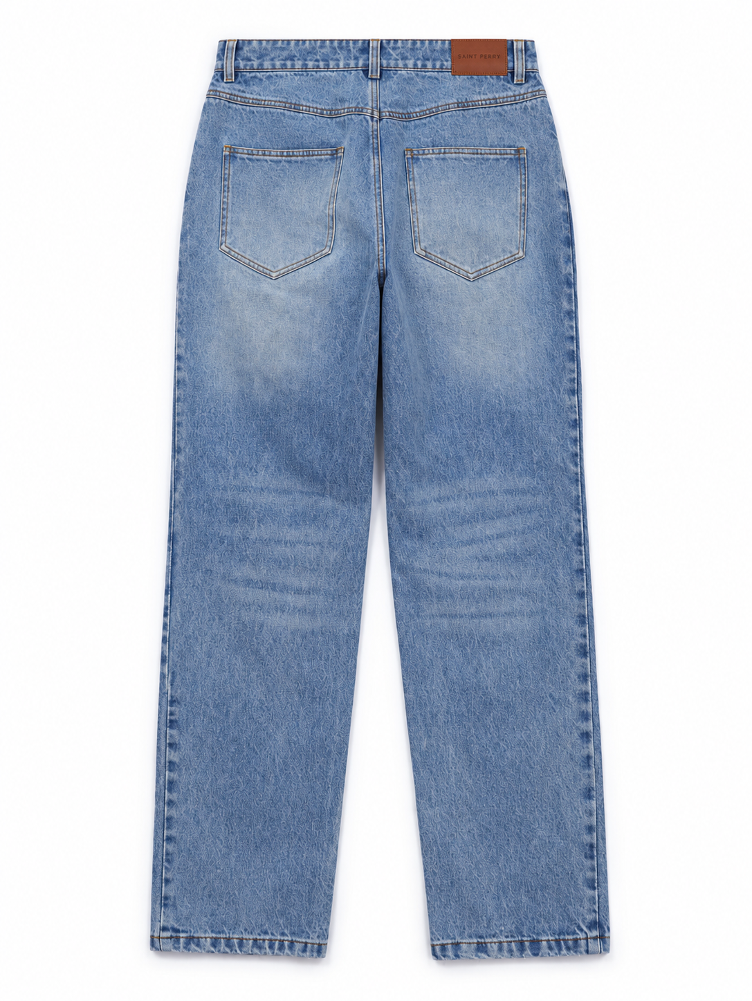 SAINT PERRY Telluride Straight-Leg Jean in vintage washed blue denim with leather waistband patch — back