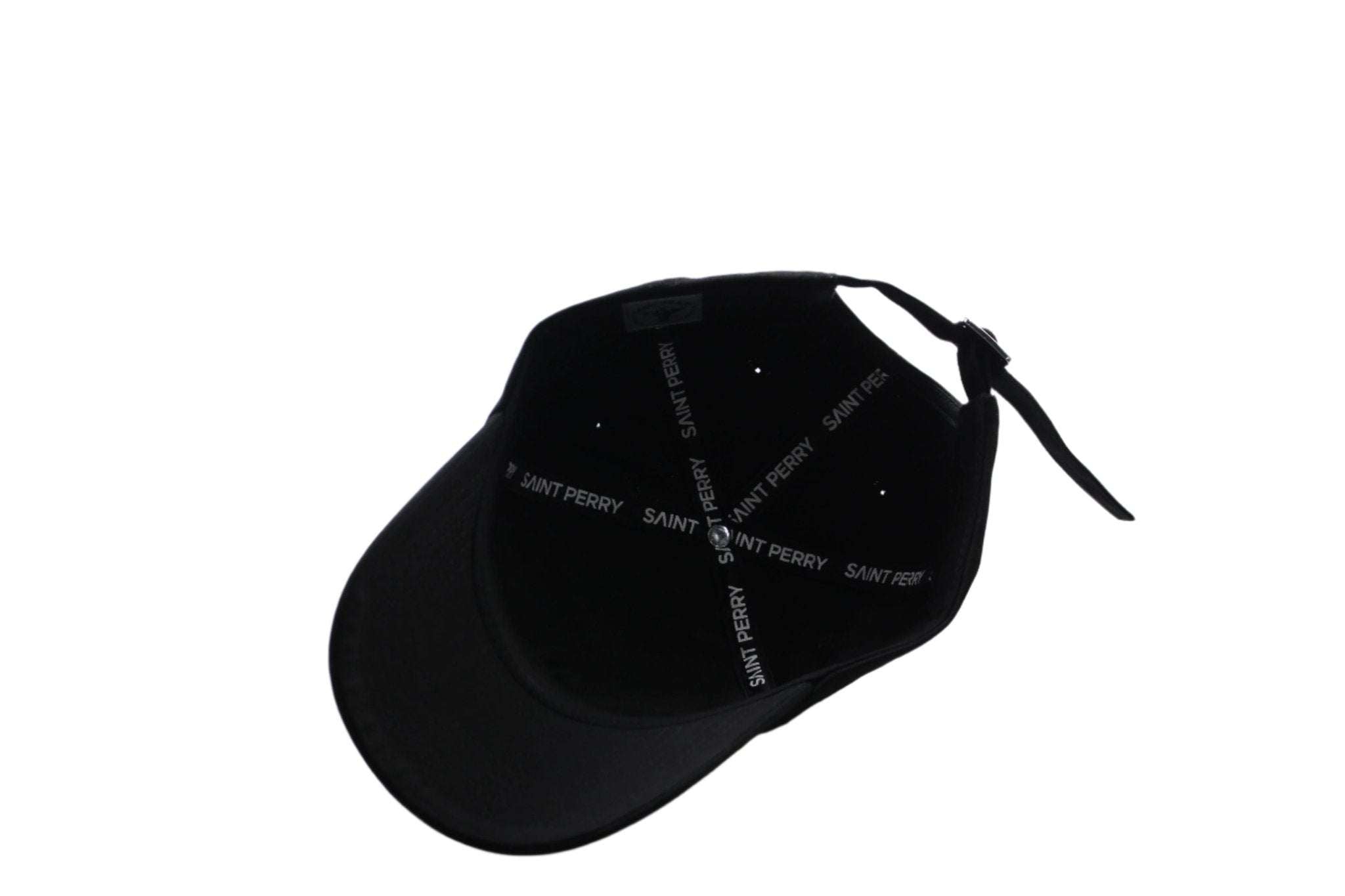 Saint Perry Baseball Black Hat in black cotton twill with embroidered logo and adjustable strap