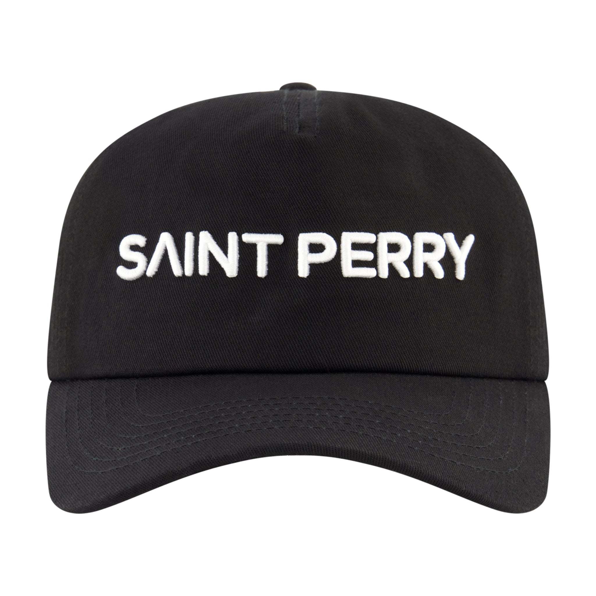 Saint Perry Baseball Black Hat in black with embroidered logo and adjustable strap