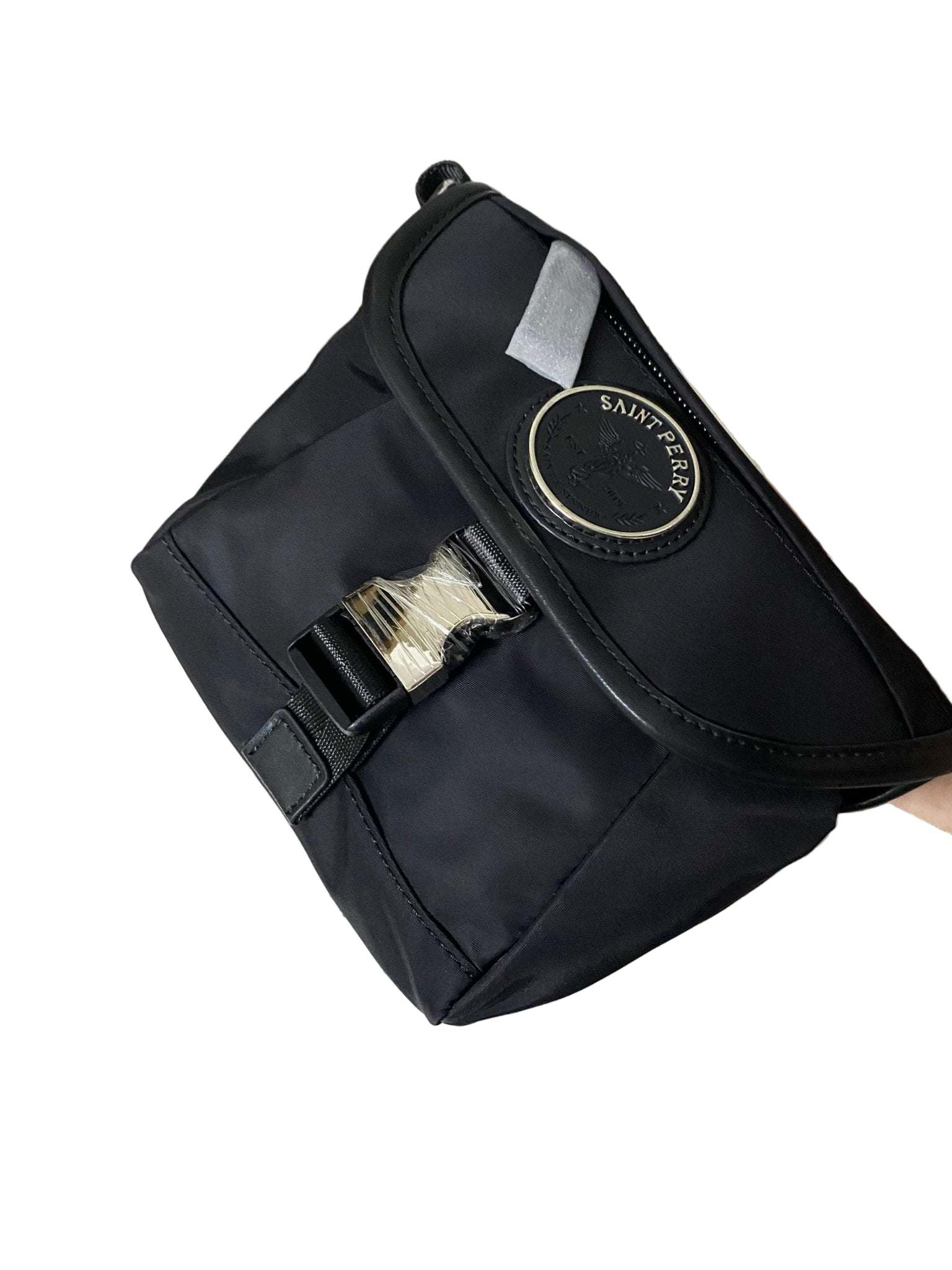 Black Re-Nylon and calf leather shoulder bag with adjustable strap and compact design