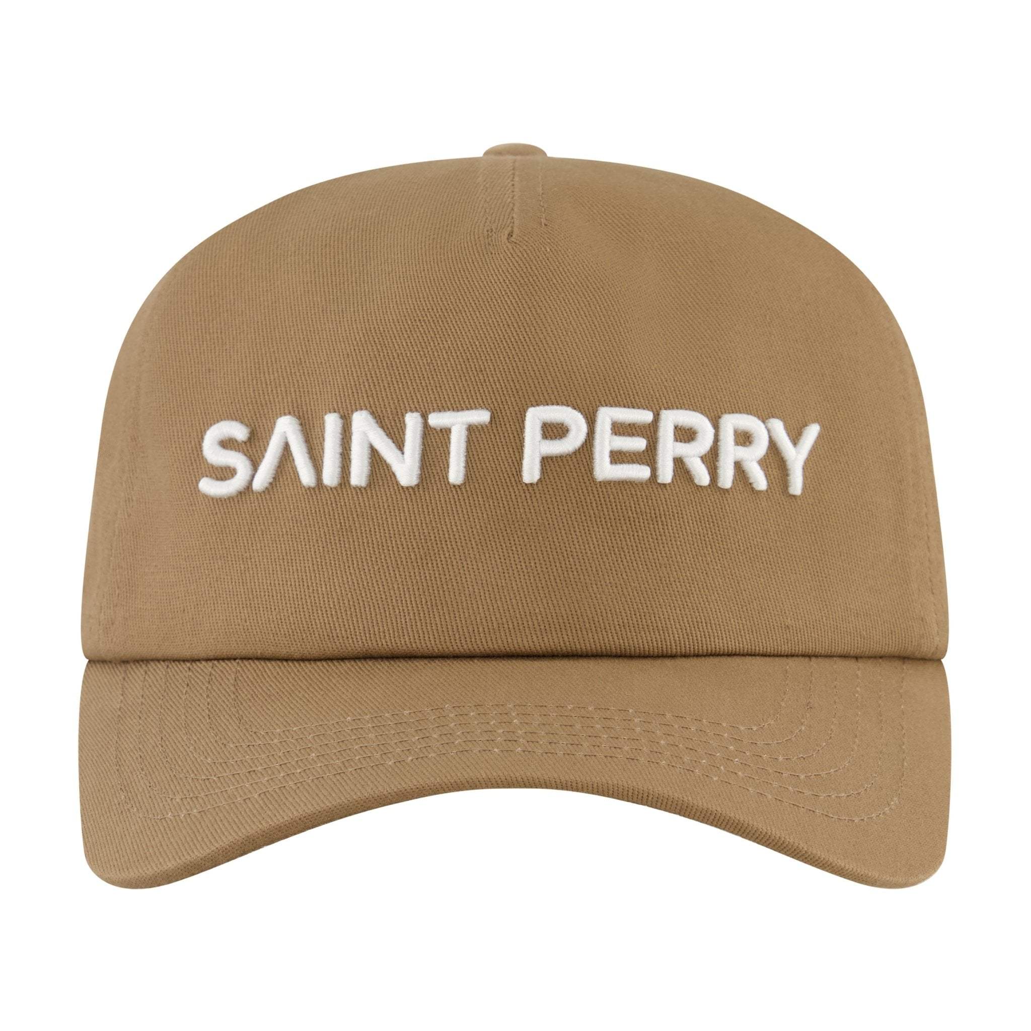 Saint Perry tan baseball hat with embroidered logo and adjustable strap