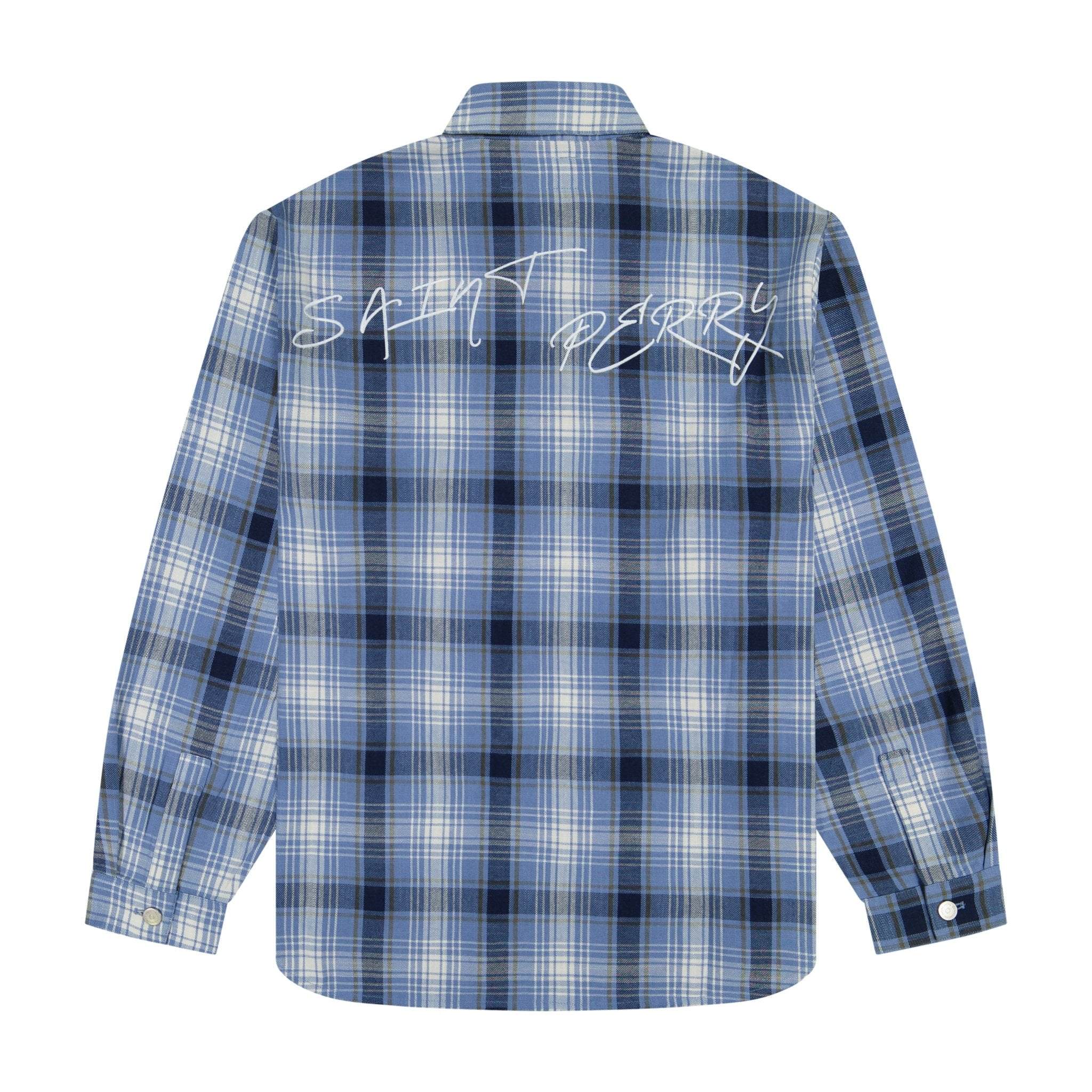 Mid faded blue Spirits of Summer flannel shirt with embroidered logos and curved hem