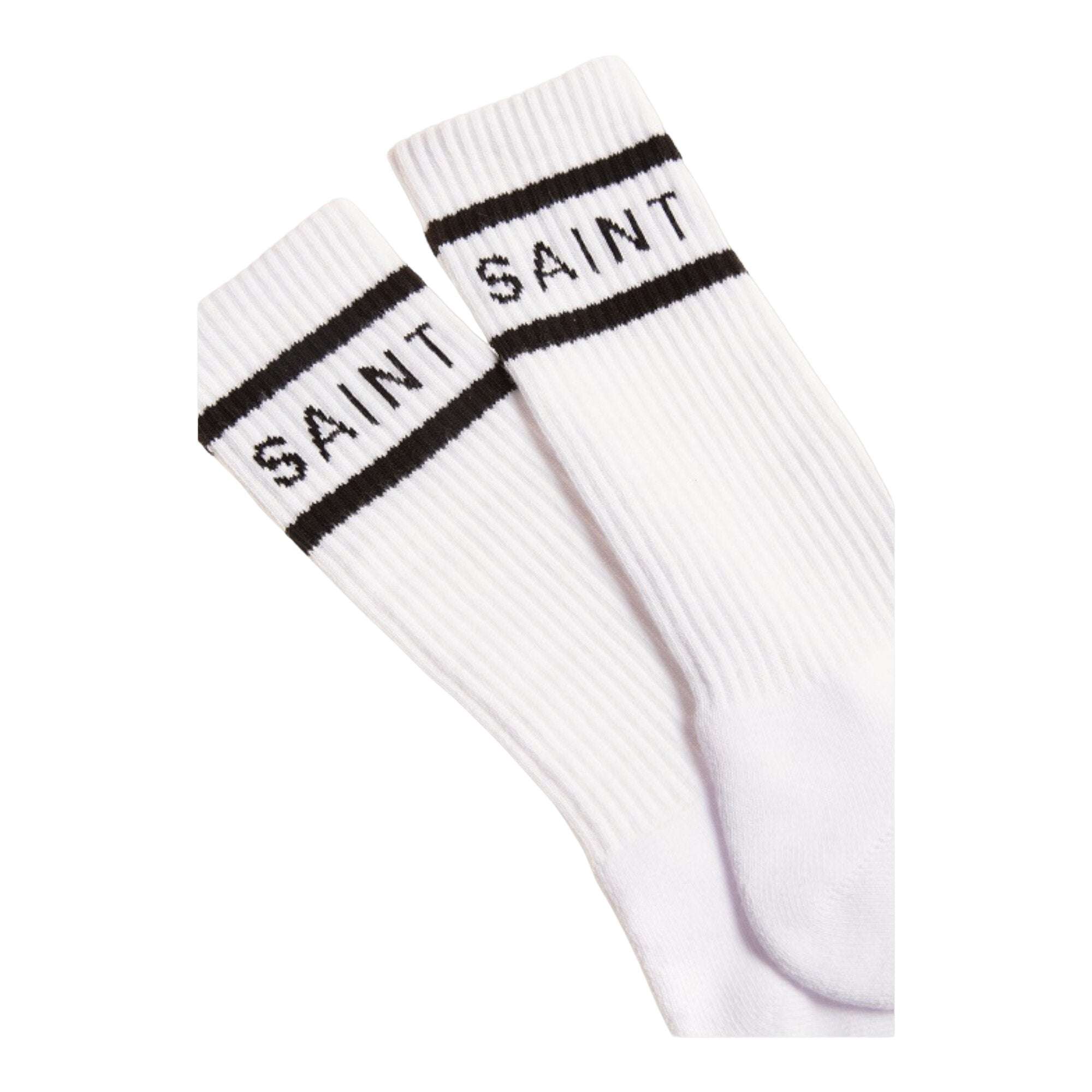 White Saint Perry Stretch Fit Crew Socks with ribbed texture and logo cuff