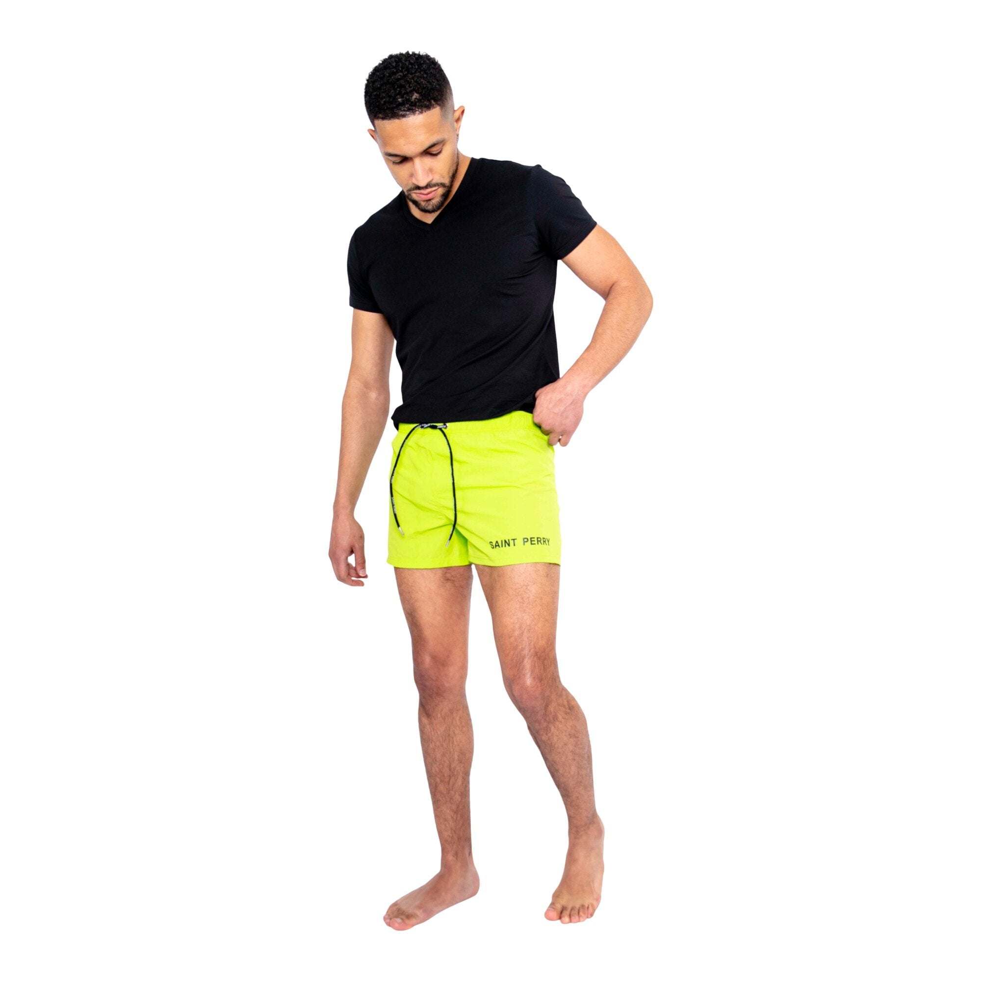 Saint Perry swim shorts in black, white, red, and neon green, lightweight and fast-drying with elastic waistband and adjustable drawstring