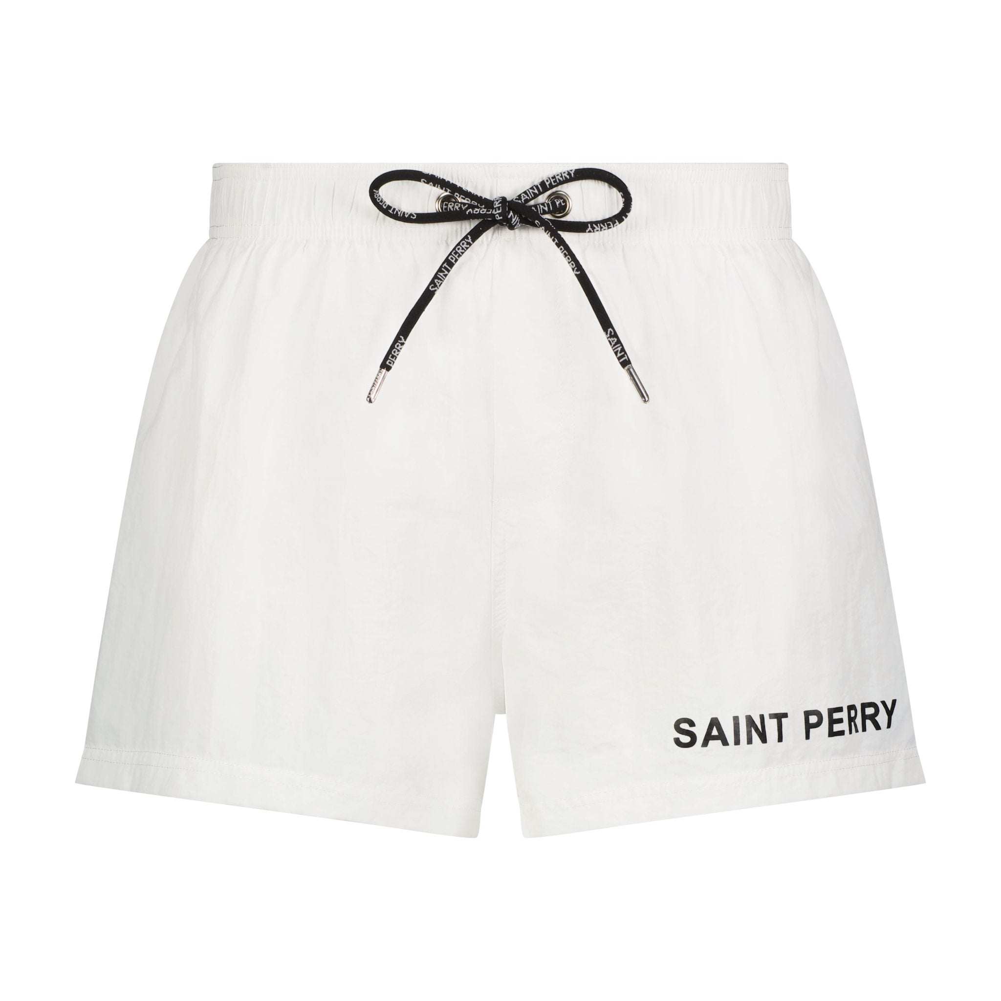 Saint Perry swim shorts in black, white, red, and neon green with elastic waistband and adjustable drawstring