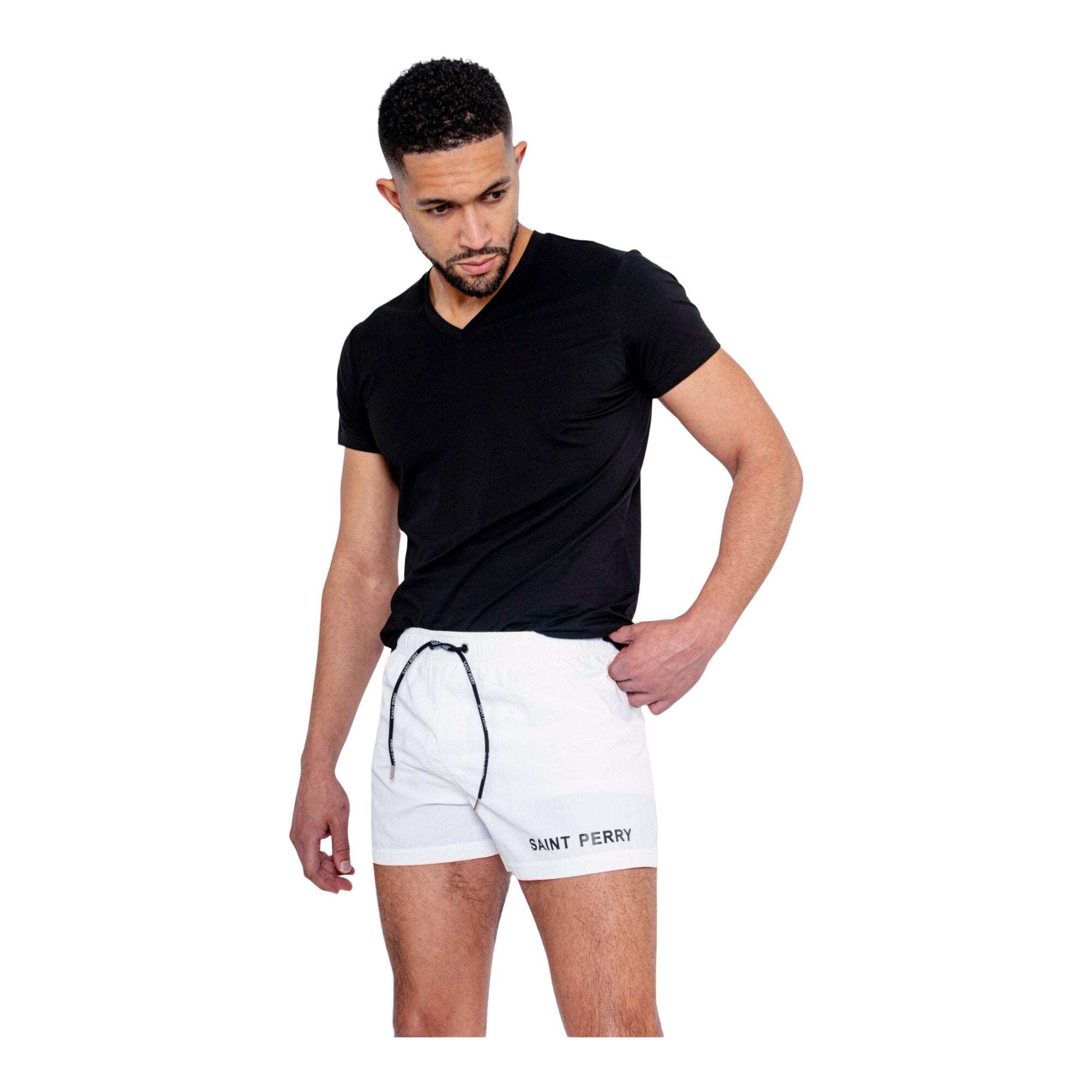 Saint Perry swim shorts in black, white, red, and neon green with elastic waistband and adjustable drawstring