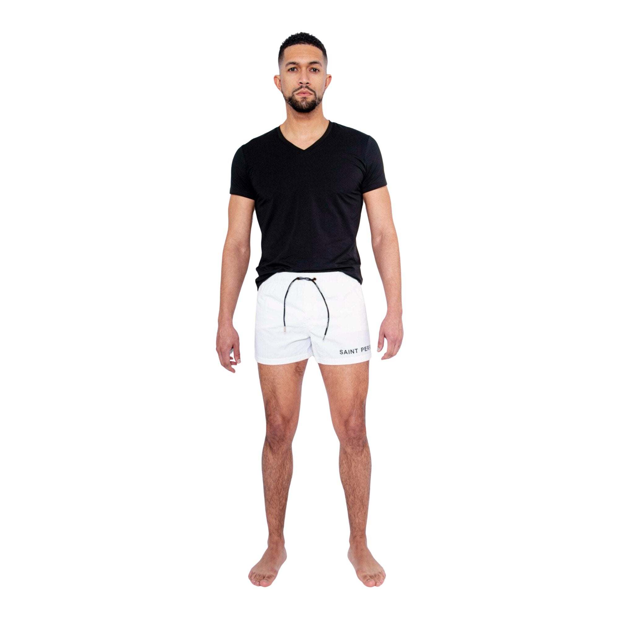 Saint Perry swim shorts in black, white, red, and neon green with elastic waistband and adjustable drawstring