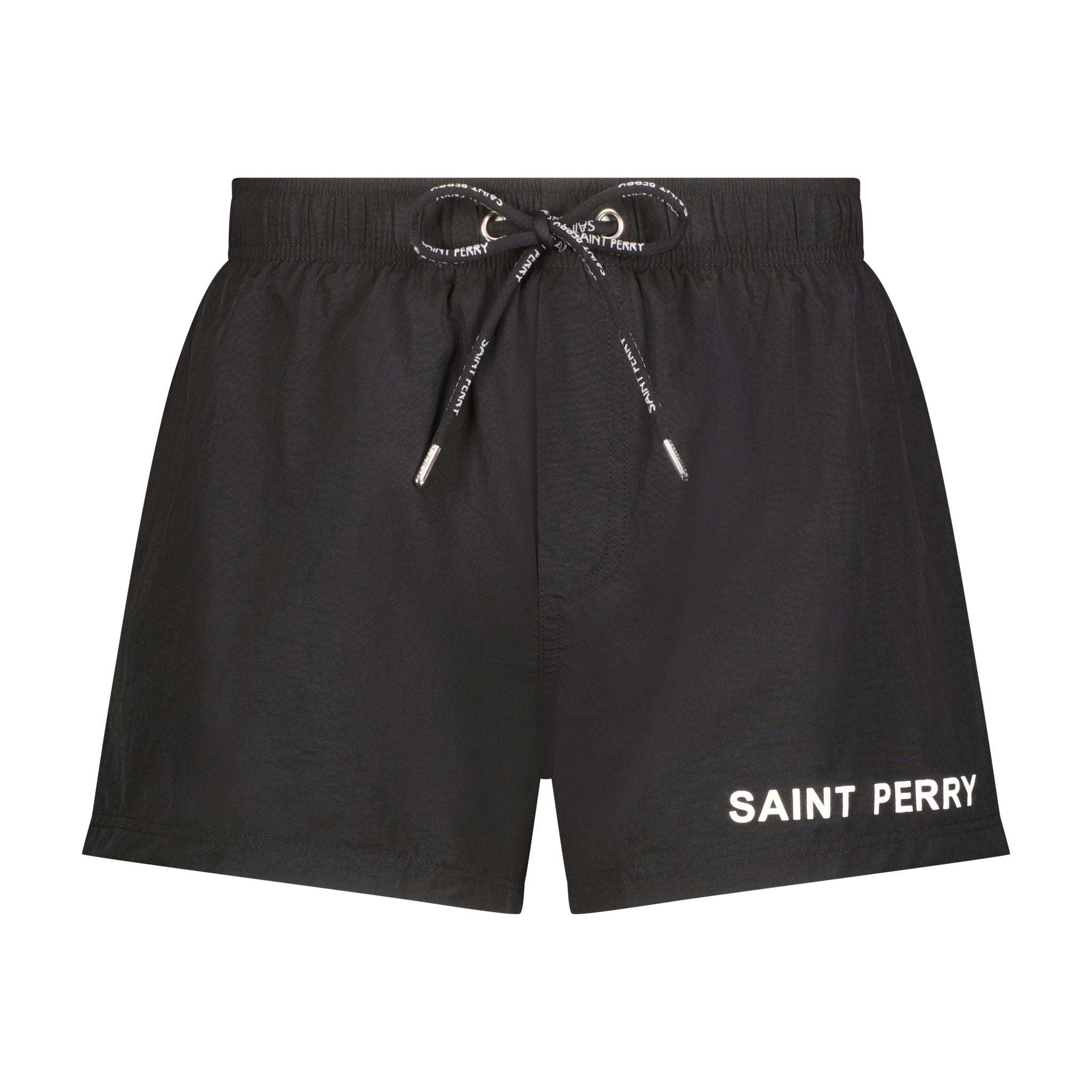 Saint Perry Swim Shorts in black, white, red, and neon green, lightweight and fast-drying polyester with adjustable waistband