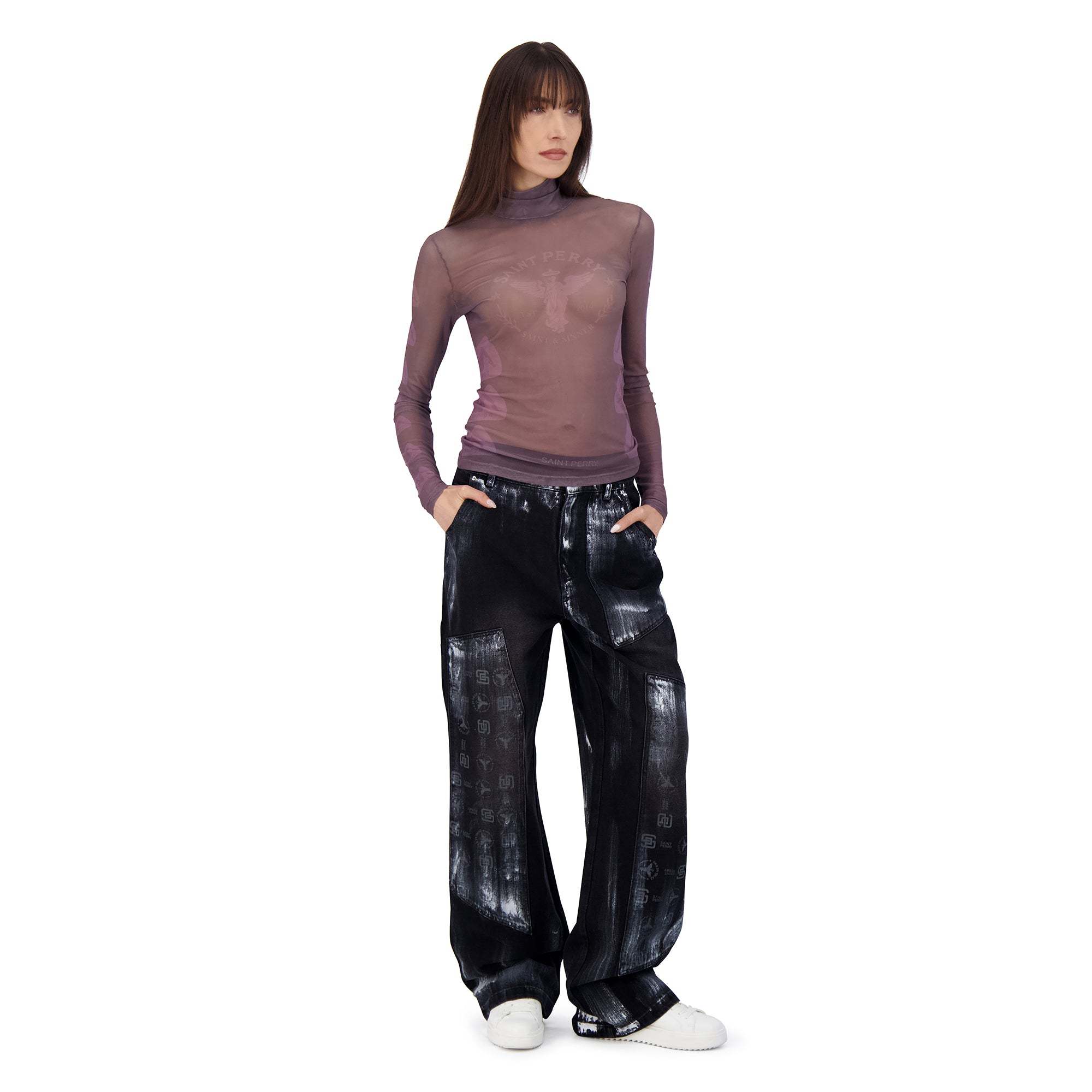 Close-fitting Naked Angel mesh turtleneck with semi-sheer stretch fabric and printed artwork